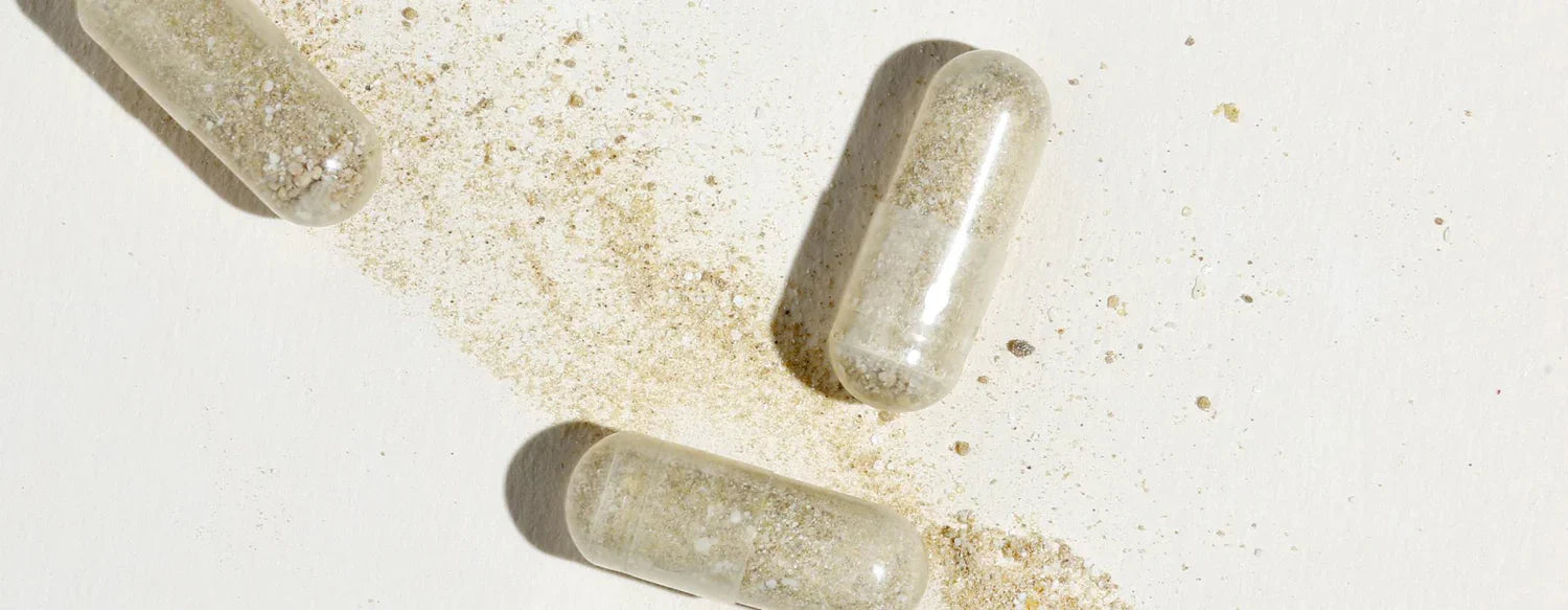 Three clear capsules filled with a beige powder rest on a white surface, with some of the powder spilled and scattered around them.