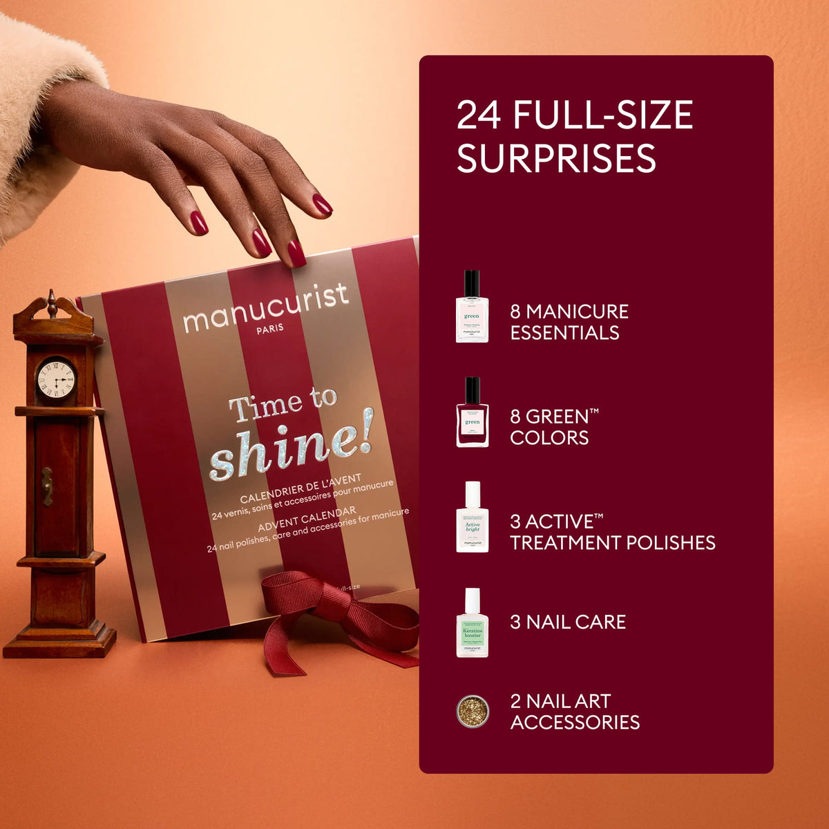A hand reaches for a Manucurist Advent Calendar Time to Shine! box, placed beside a small clock and a list highlighting 24 full-size surprises inside, such as nail and hand care essentials, polishes including Active™ Shine Icy, manicure tools, and nail art accessories.