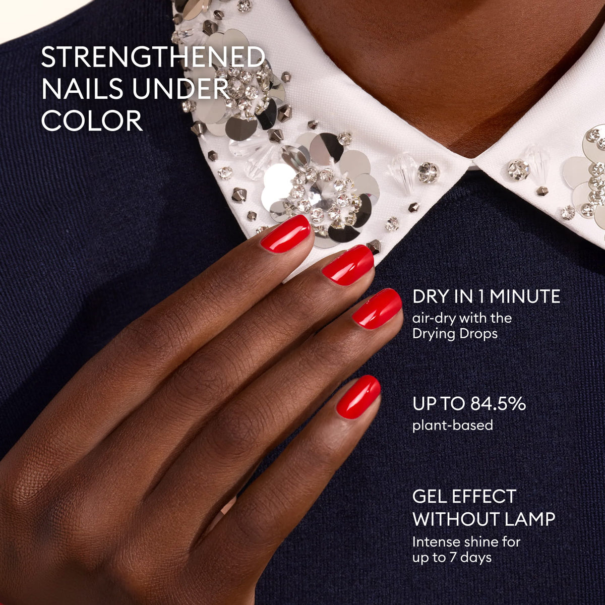 A hand with glossy red nails, perfected using Manucurist’s Advent Calendar Time to Shine!, rests on a navy fabric. The wearer sports a white collared top adorned with floral and gem details. Text spotlights the nail care benefits: quick-drying, plant-based formula, and gel-effect shine without the need for a lamp—making it an ideal addition to your Advent Calendar.