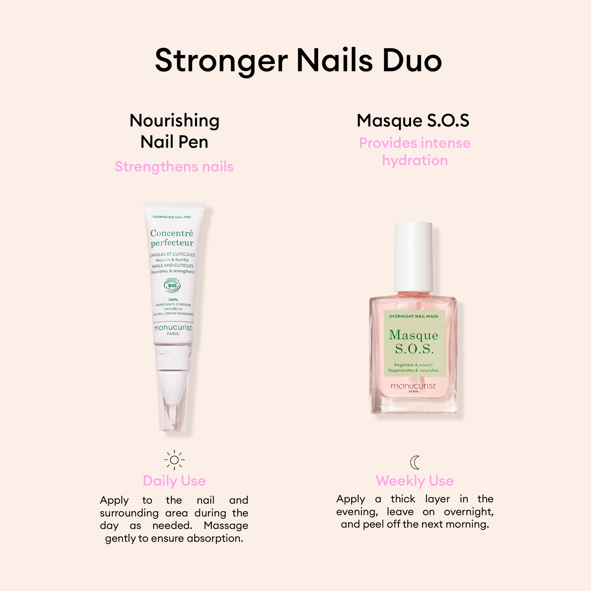 Visuel du « Duo Ongles Plus Forts » par Manucurist — comprend un Stylo Nourrissant Ongles pour fortifier au quotidien et le Masque S.O.S. pour hydrater et réparer chaque semaine. Utilisez le stylo au quotidien ; appliquez le masque une fois par semaine pour des résultats optimaux.