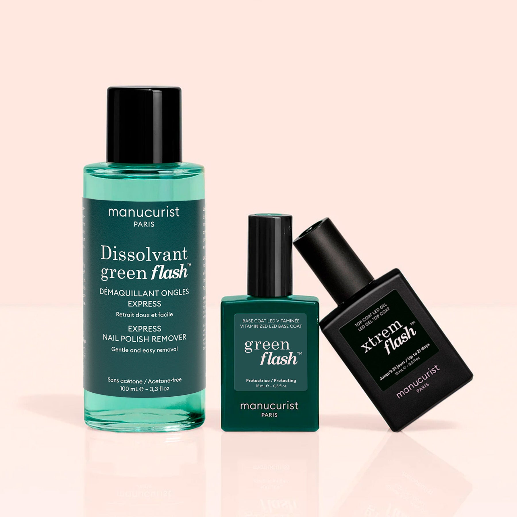 The Green Flash™ Base Top Remover Trio by Manucurist features three essentials for a flawless, long-lasting manicure—perfect for achieving salon-quality nails at home.