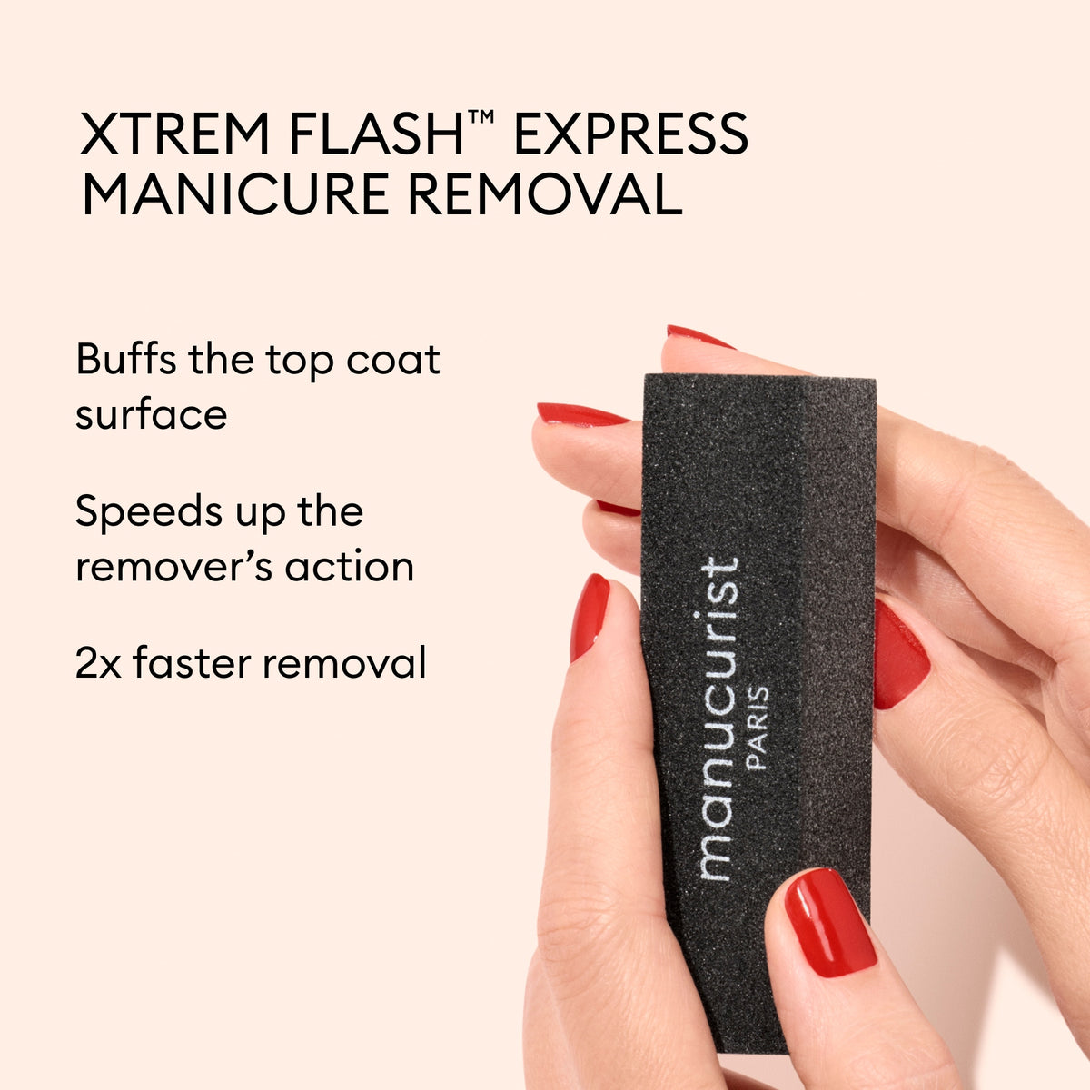 Hands with red nail polish holding a black rectangular Flash Removal Block to buff the top coat, speeding up manicure removal by 2x.