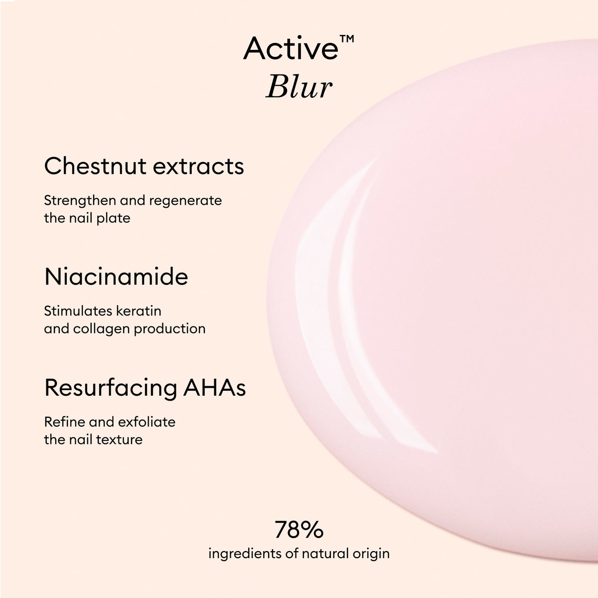 Sur fond rose apparaissent le nom du produit, Active™ Blur de Manucurist, ainsi qu&