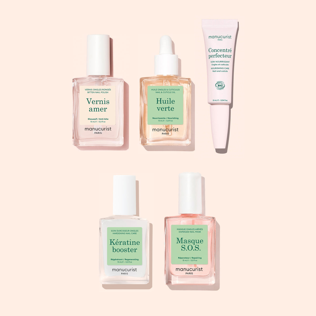 Manucurist Basic Routine - Bitten Nails set, featuring two bottles of nail polish, a bottle of cuticle oil, a tube of nail cream, and a bottle of nail mask.