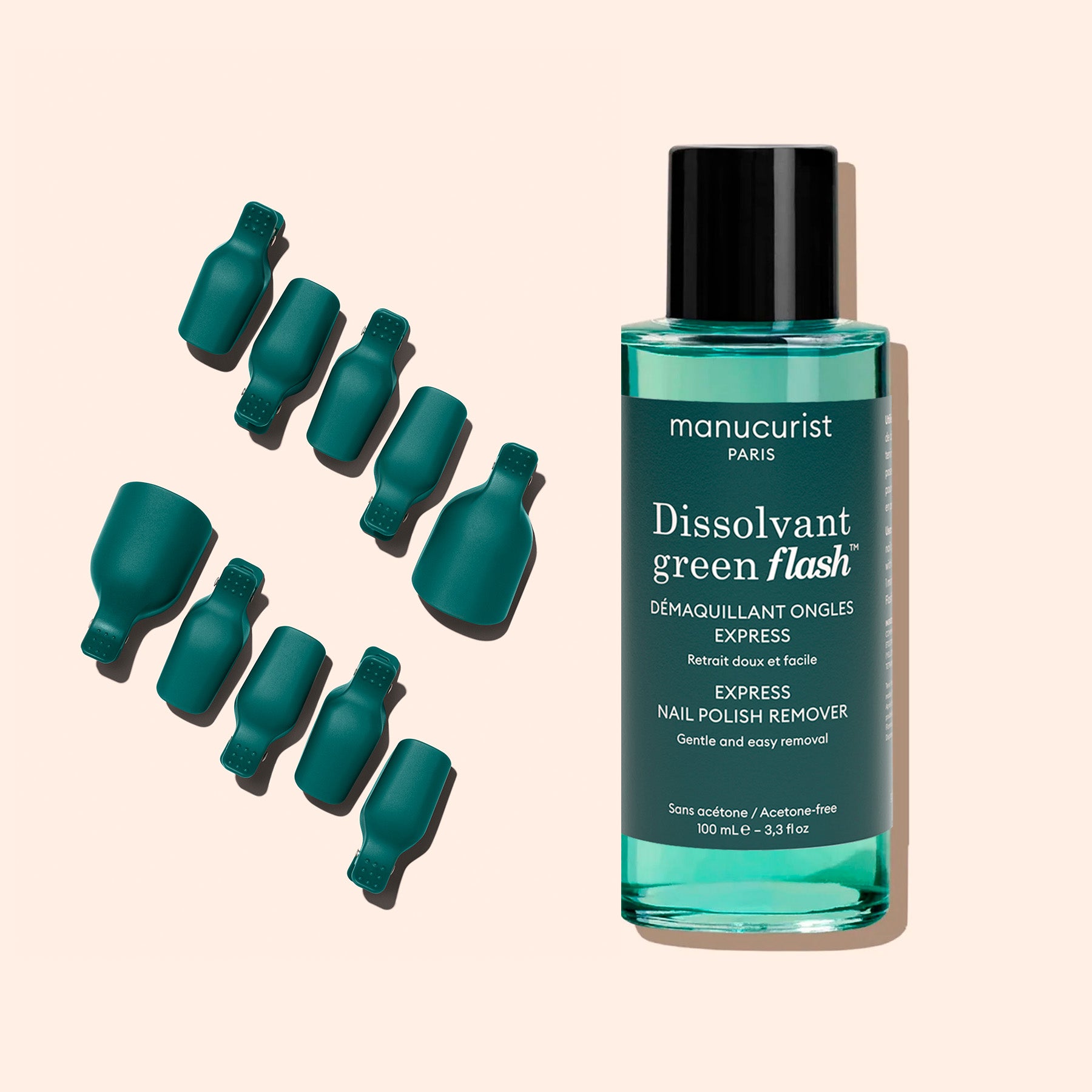 Ten Manucurist Foot Removal Clips are neatly arranged upright beside a bottle of Green Flash acetone-free Remover, all set on a light beige background—ideal for gentle gel polish pedicure removal.