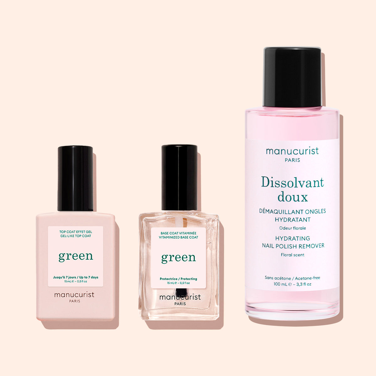 Trois produits de manucure — une base coat d&
