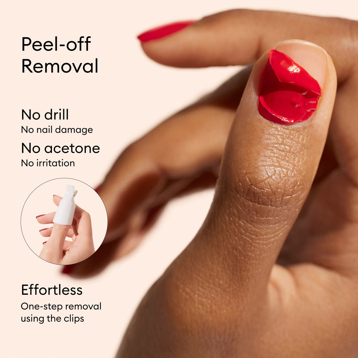 Close-up of a hand peeling off red polish, highlighting Peel-off Removal. Enjoy express removal with Manucurist Xtrem Flash™ Gel Top Coat—no drill or acetone needed. Flawless wear and effortless one-step removal using the clips.