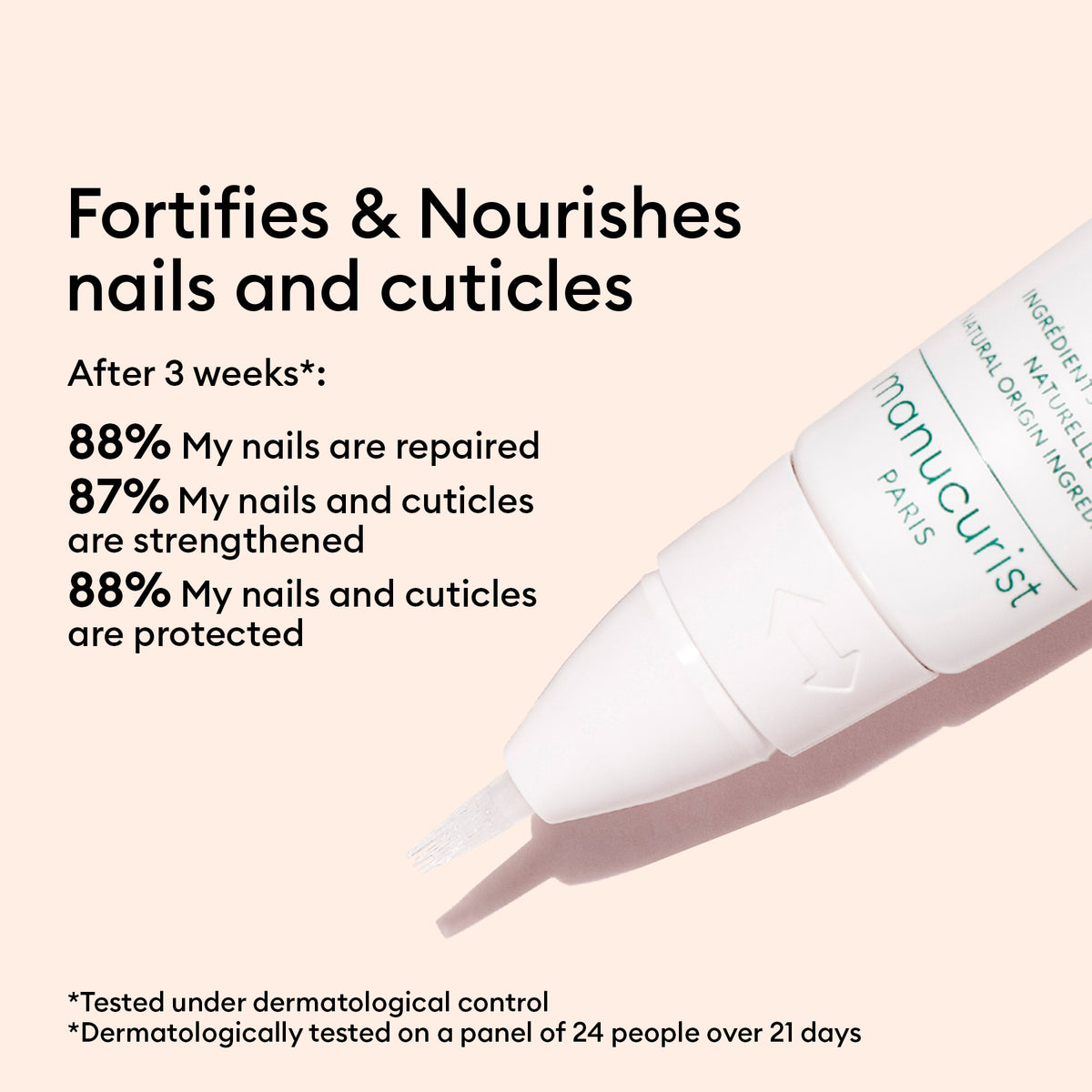 Le Duo Stronger Nails de Manucurist repose sur un fond rose clair, avec un texte indiquant qu&
