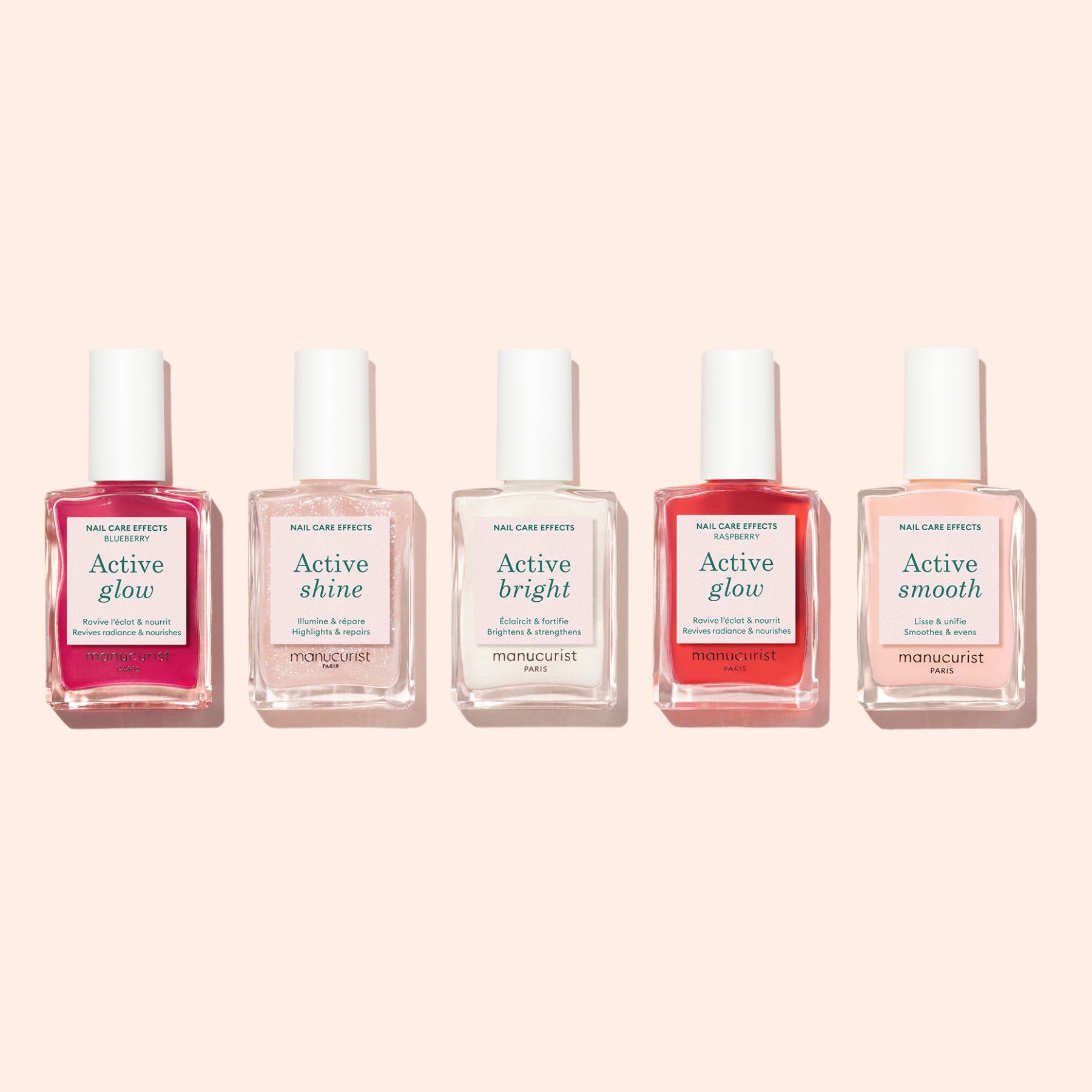 Five bottles from the Manucurist-test Welcome kit Active 5-pack are lined up against a light peach background, each labeled with effects: Active Glow, Active Shine, Active Bright, Active Glow, and Active Smooth.