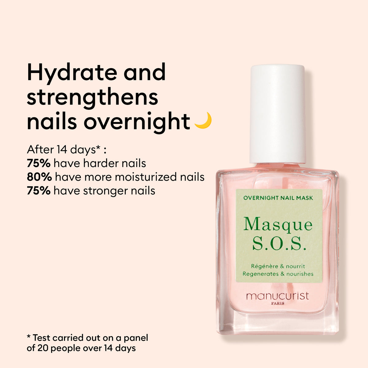 Un flacon rose du duo Stronger Nails de Manucurist est présenté, avec un texte mettant en avant ses bienfaits pour le soin des ongles : hydrater et réparer les ongles pendant la nuit, accompagné de statistiques sur l&