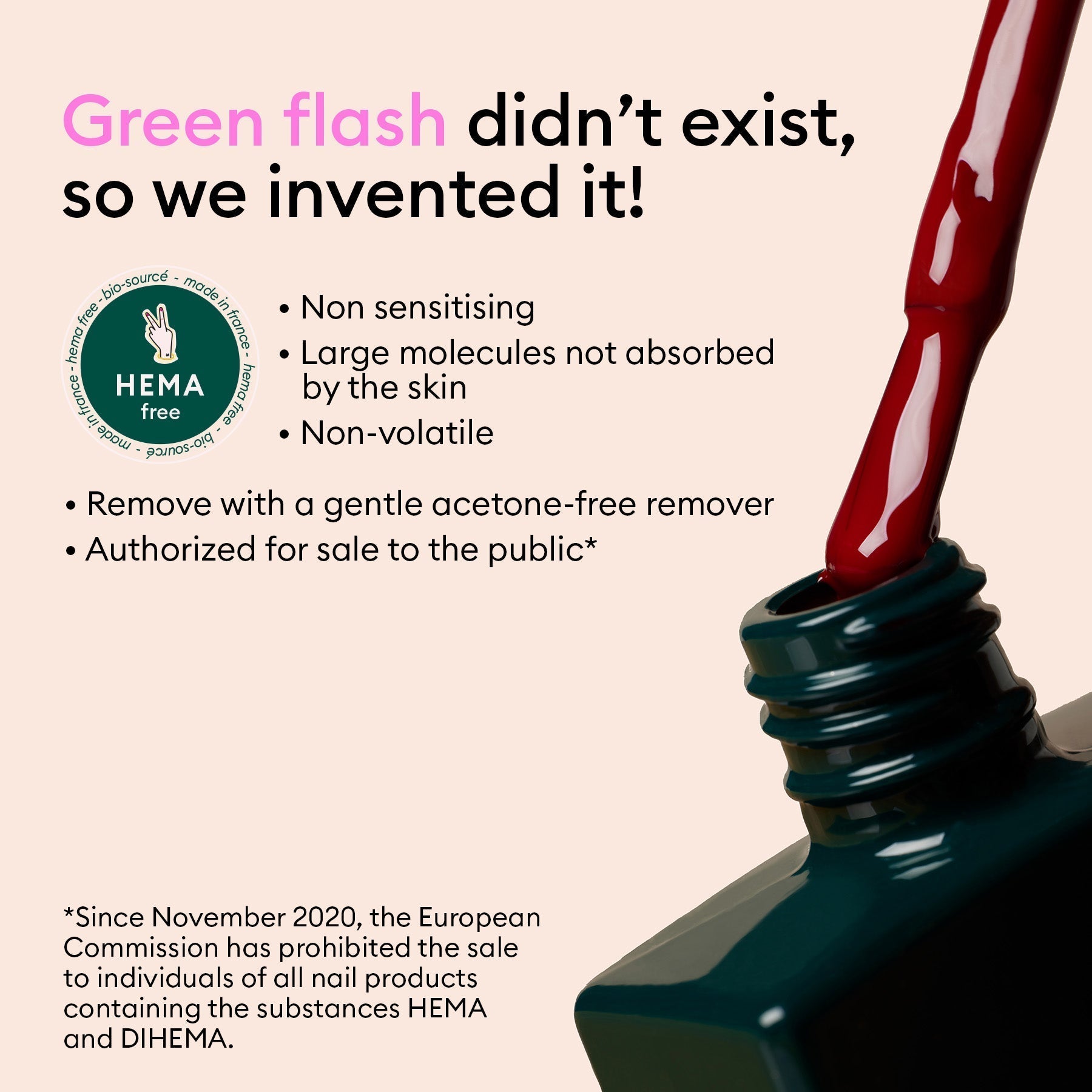A bottle of Manucurist-test Green Flash™ Welcome Kit gel polish spills with text promoting a HEMA-free formula: fast curing, non-sensitizing, large molecules not absorbed by skin, non-volatile, and easy acetone-free removal.