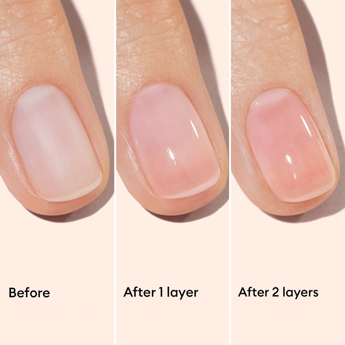 Gros plan d’un ongle en trois étapes avec le Trio Strong Glow de Manucurist : ongle nu (Avant), après une couche rose translucide (Après 1 couche), puis après deux couches (Après 2 couches) — une routine simple pour les ongles abîmés.