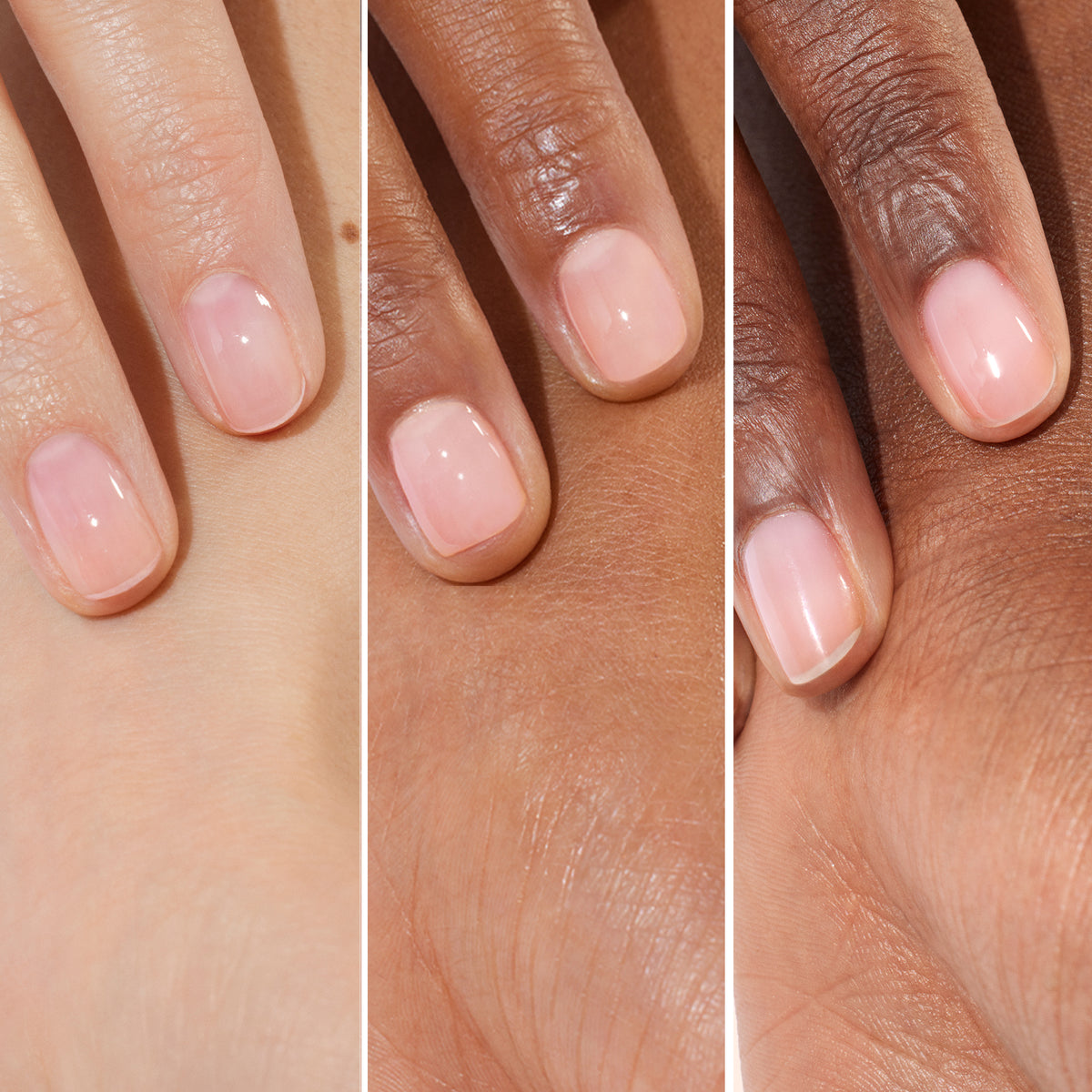 Trois gros plans de mains aux carnations différentes, chacune présentant des ongles soignés et sublimés avec l&