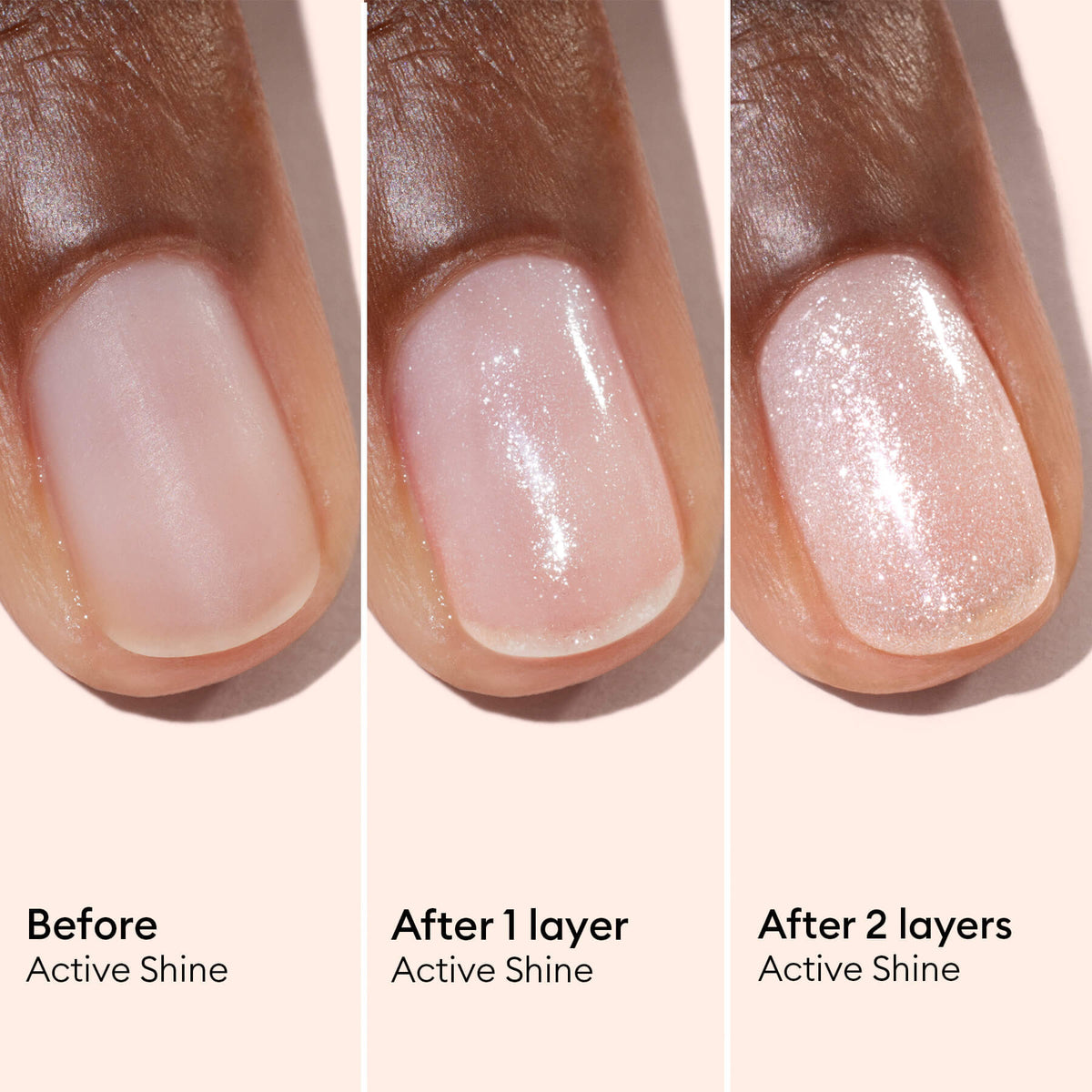 Une image en trois volets montre un ongle avant le vernis, après une couche de Manucurist Active™ Shine Opal (un vernis à ongles rose scintillant d’origine végétale), puis après deux couches — révélant progressivement plus de brillance et d’éclat. Le texte indique : Avant, Après 1 couche et Après 2 couches (Active™ Shine Opal) — pour des ongles lumineux qui se renforcent grâce à des soins attentifs.