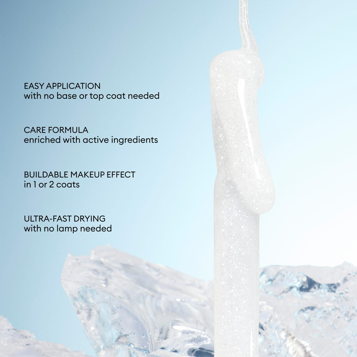 Active™ Shine Icy by Manucurist—a white, shimmery, illuminating nail polish enriched with a nail strengthener—drips from a brush above crushed ice. Text highlights its features: easy application, care formula for advanced nail care, buildable makeup effect, and ultra-fast drying.