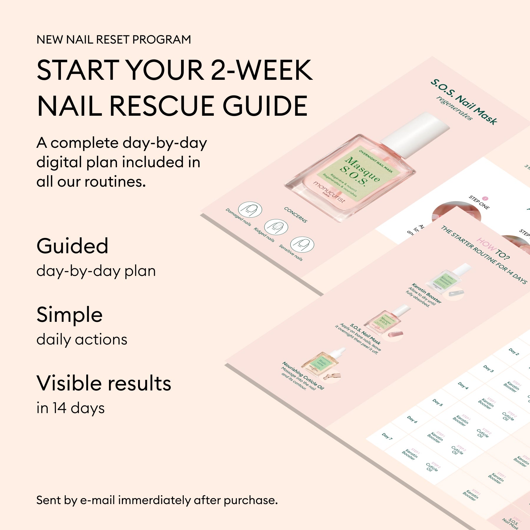 An image promoting a 2-week nail rescue guide, featuring Basic Routine - Sensitive Nails, highlights guided nail care steps and daily actions to moisturize nails for visible results in 14 days.