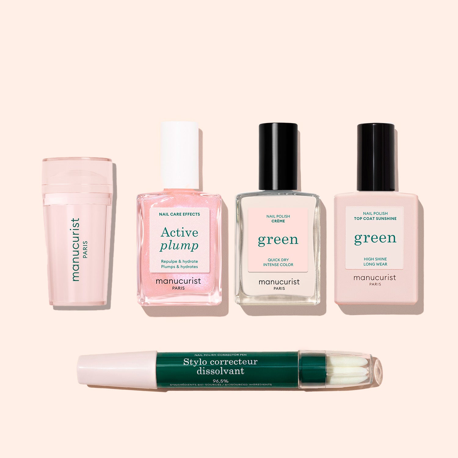 Five Manucurist French Active™ Kit essentials—nail polish remover, cuticle serum, two clear polishes, and a green pen-style corrector—are displayed on a light background, perfect for achieving flawless French tips.