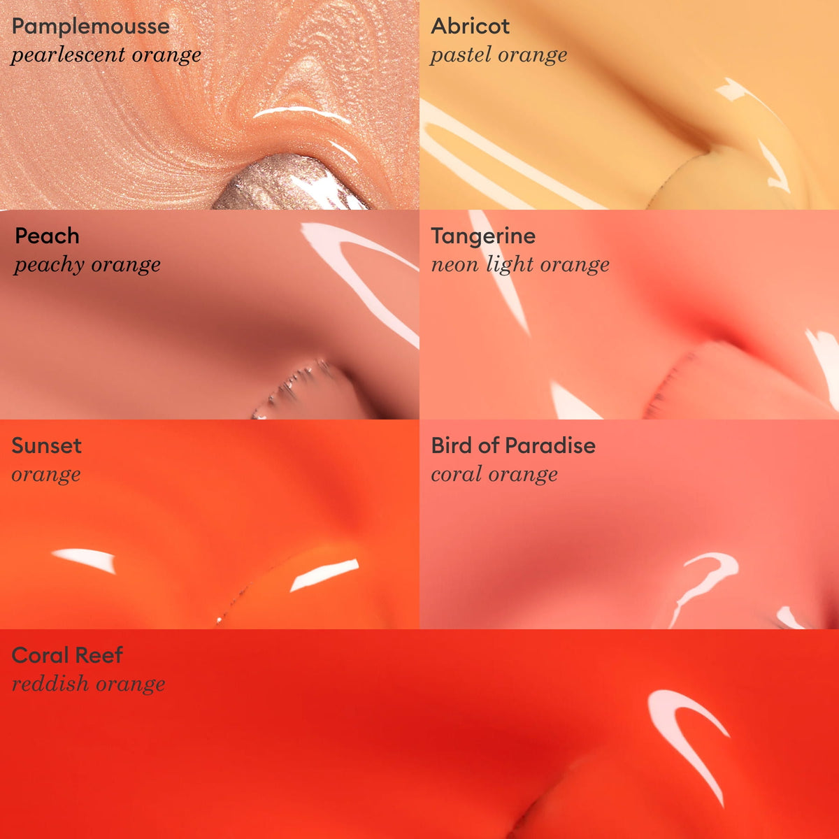 Une grille de six nuanciers de vernis à ongles Manucurist, dont la teinte Tangerine, présente des couleurs allant du néon à l&