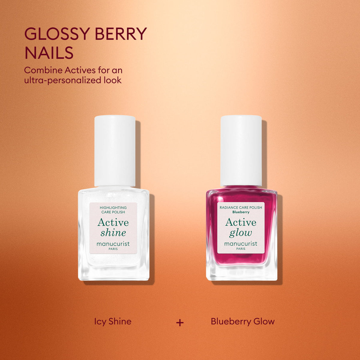 Le duo format voyage Active™ de Manucurist comprend deux flacons de vernis, Active Shine et Active Glow, présentés sur un fond pêche en dégradé. Le texte met en avant des ongles brillants couleur baie et la possibilité de combiner les soins Active™ pour une manucure personnalisée. Ce coffret de vernis à offrir pour les fêtes trouve sa place dans une routine de soin des ongles et apporte de l’éclat tout au long de la saison.
