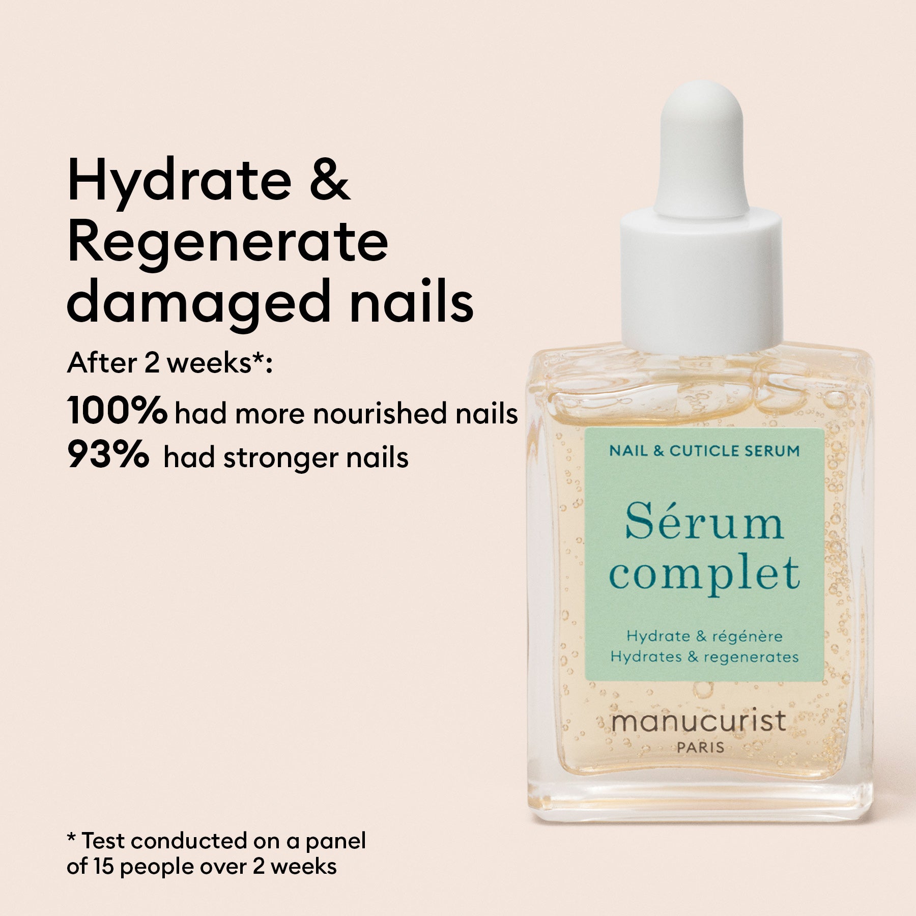 A bottle of Basic Routine - Sensitive Nails with text stating it hydrates and regenerates damaged nails—your ultimate nail rescue. 100% had more nourished nails, 93% stronger nails after 2 weeks (panel of 15).