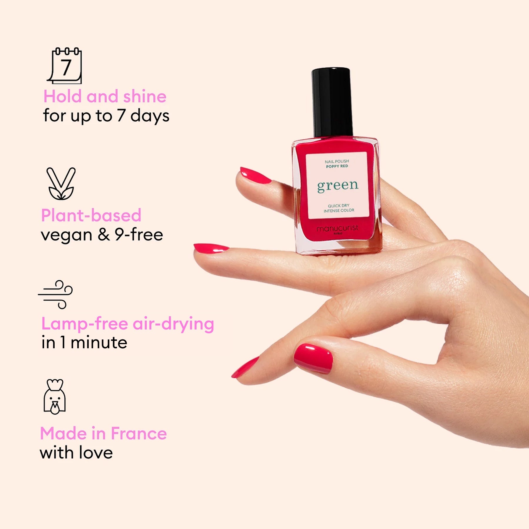 A hand with red polished nails holds a Pink Paradise nail polish bottle labeled Green by Manucurist. Text highlights: 7-day hold, plant-based, air-dries in 1 minute without a lamp, and lovingly made in France.
