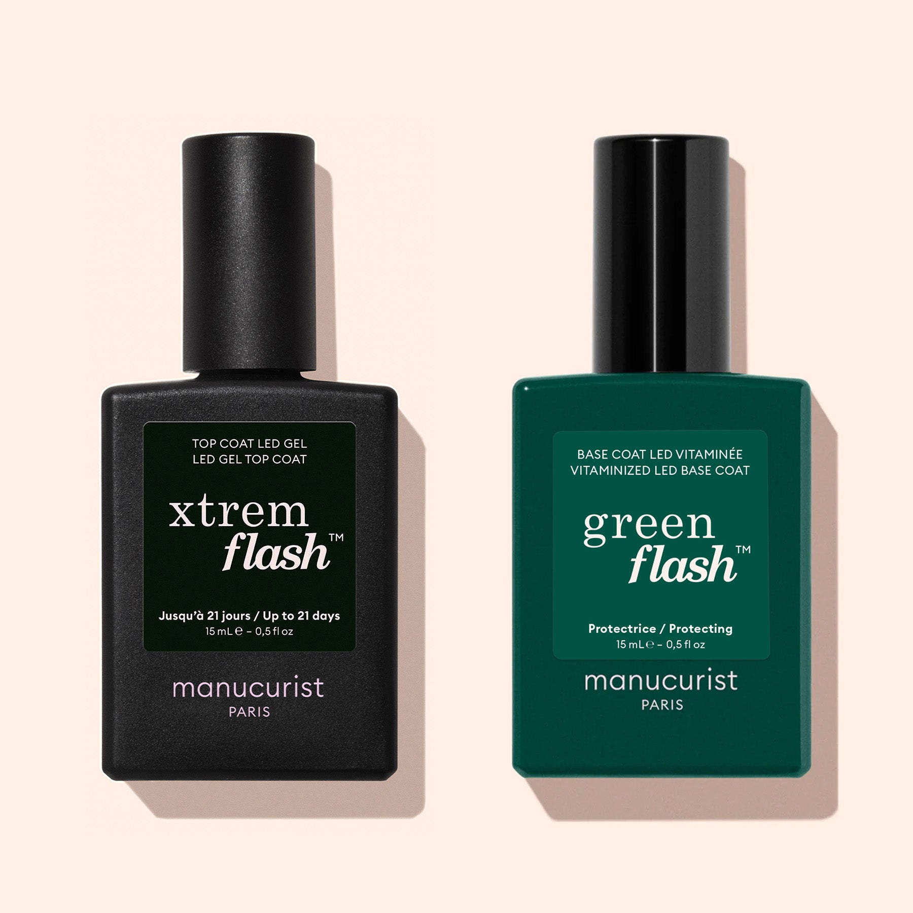 Two Manucurist bottles on a beige background: the Xtrem Flash™ Gel Top Coat with flawless wear and a green bottle labeled Green Flash base coat for easy application and fast removal.
