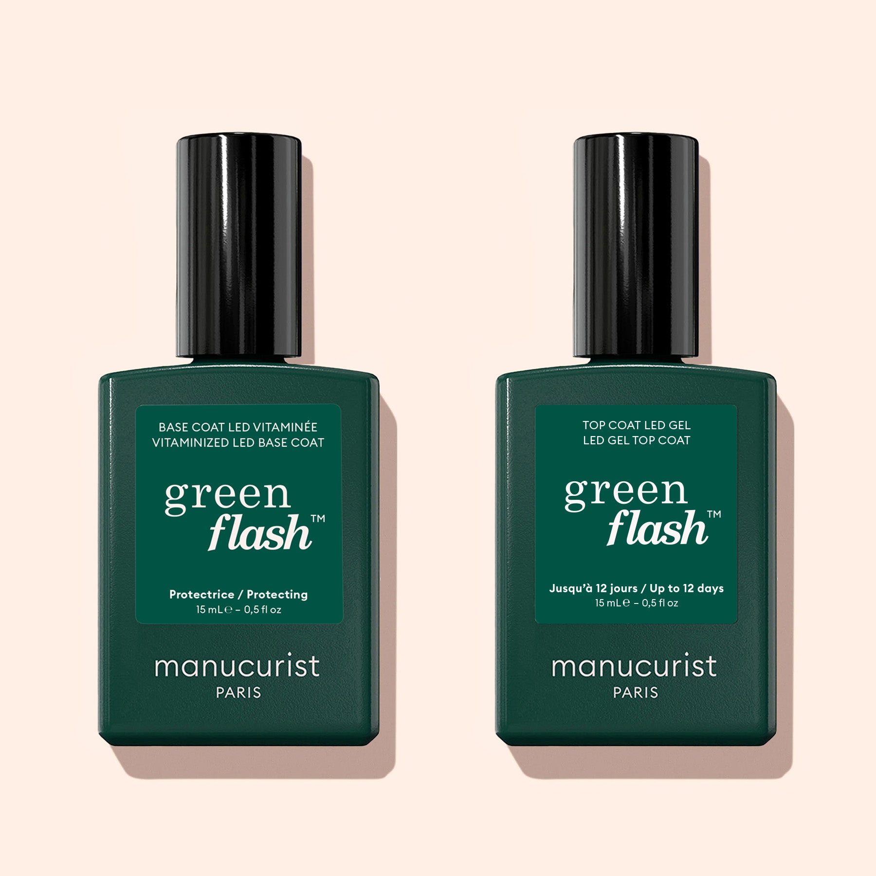 Two green Manucurist bottles—a Green Flash™ Top Coat and a Protecting Base Coat—are displayed side by side on a light beige background, offering up to 12 days of shine.