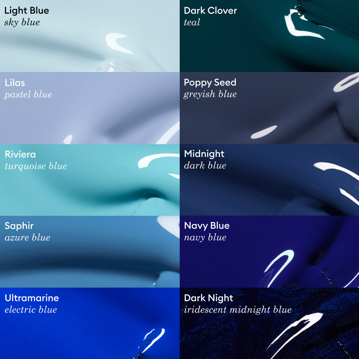 A color chart features eight glossy blue Manucurist Green Flash gel polishes—including Saphir—each displayed with a sample and label: Light Blue, Lilas, Riviera, Saphir, Ultramarine, Dark Clover, Poppy Seed Midnight, and Navy Blue.