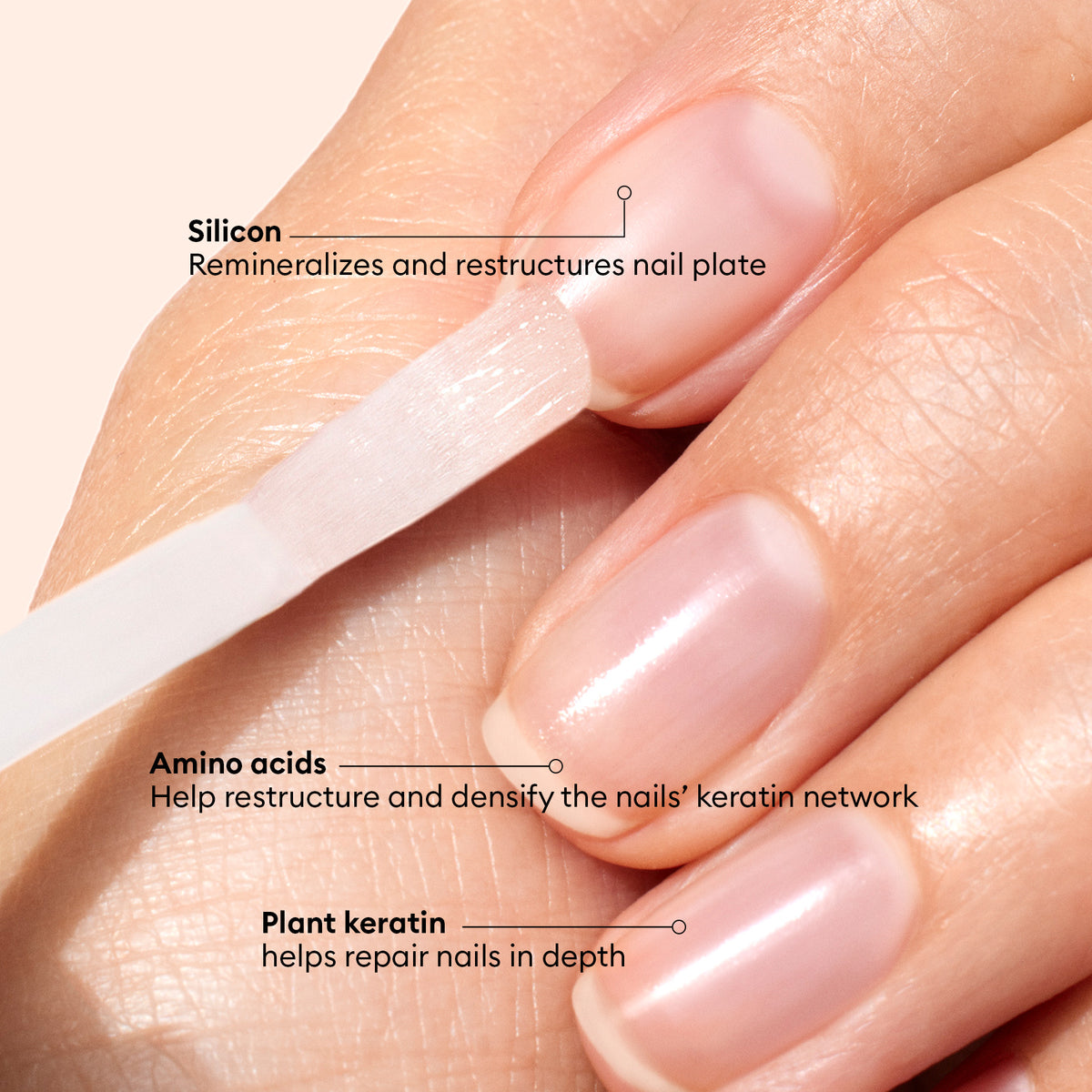Gros plan sur une main appliquant le Vernis Amer Manucurist, avec un texte mettant en avant les bienfaits soin des ongles : le silicium reminéralise, les acides aminés renforcent et la kératine végétale répare les ongles tout en aidant à lutter contre le rongement des ongles.