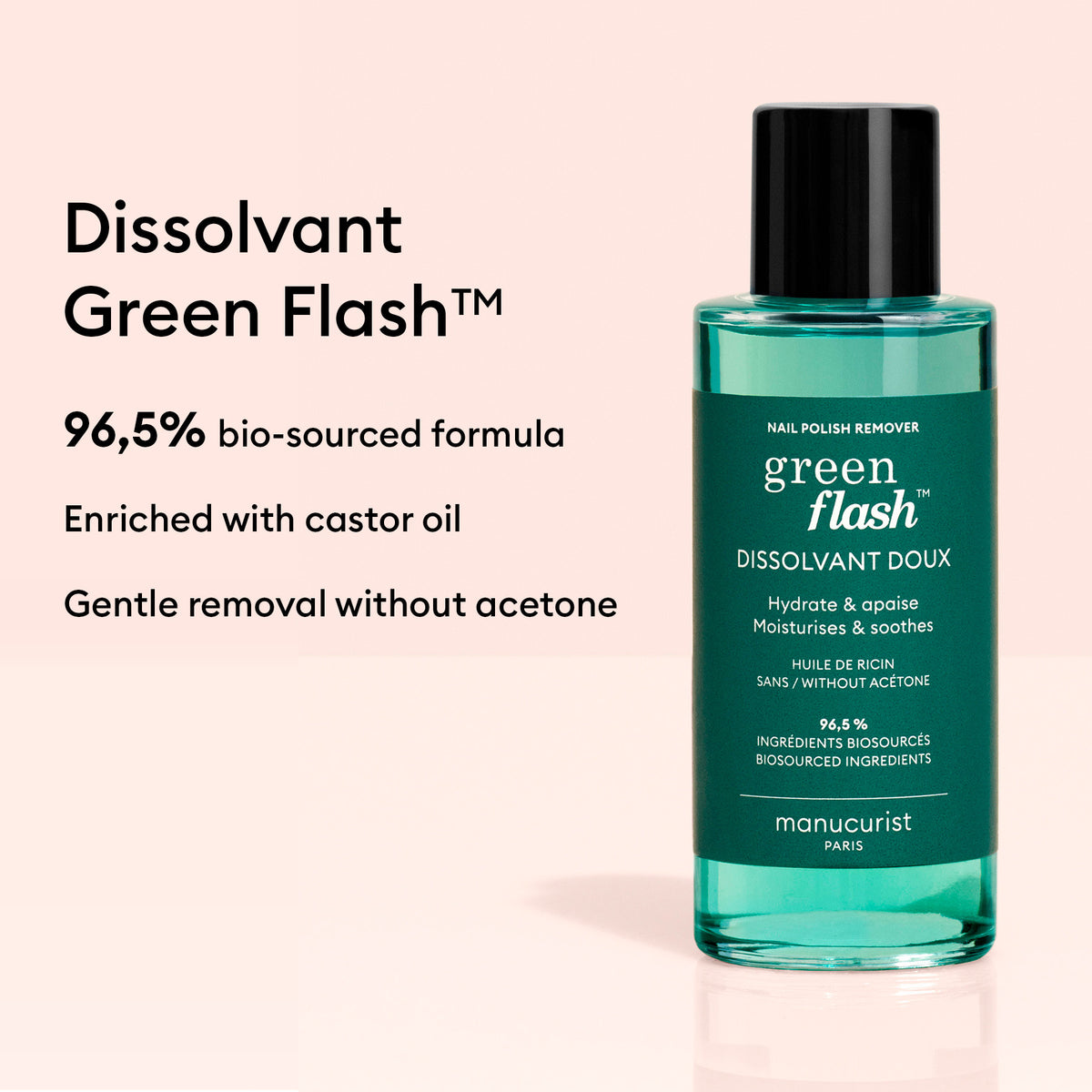 A bottle of Manucurist-test + Green Flash™ Gel Polish Remover sits on a beige surface. The text notes it&
