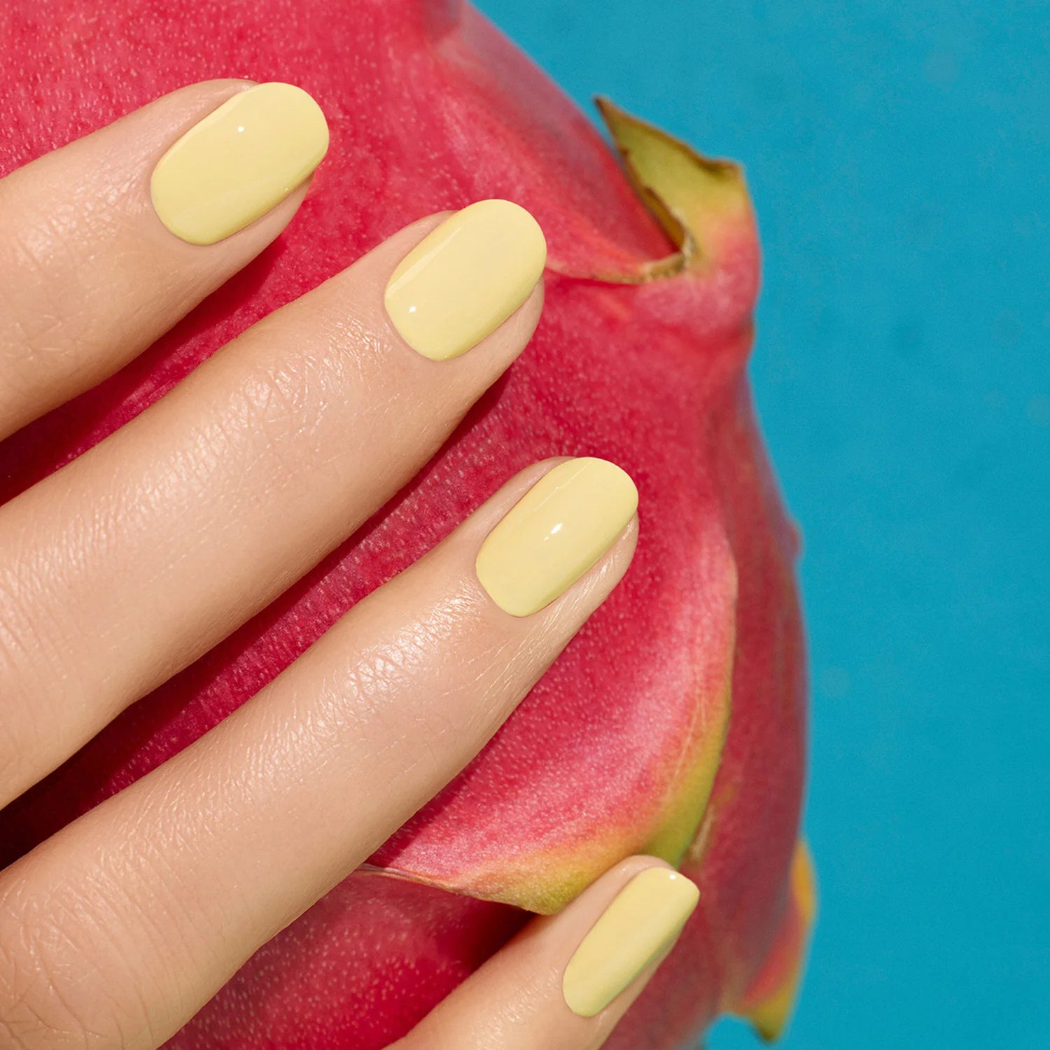 A hand with neatly manicured, pale yellow nails rests on a bright pink dragon fruit with blue background.