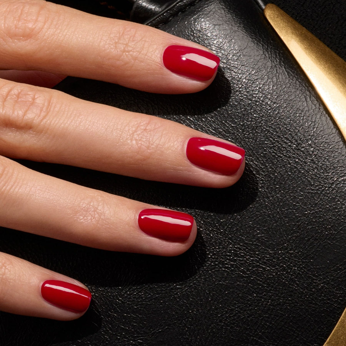 Une main aux ongles soigneusement manucurés, vernis avec Dark Dahlia de Manucurist de la gamme Green™, repose sur du cuir noir texturé avec une touche dorée.