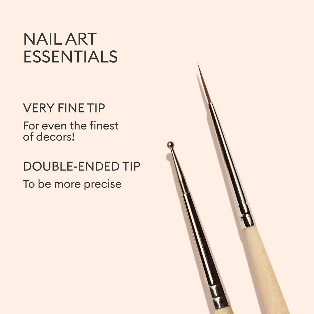 The Manucurist Dotting Tool Nail Art Liner Brush Duo is displayed on a beige background, featuring one very fine liner brush with a wooden handle and one double-ended tool with metal tips. Text emphasizes their precision as essential tools for creating detailed nail art designs and dotting effects.