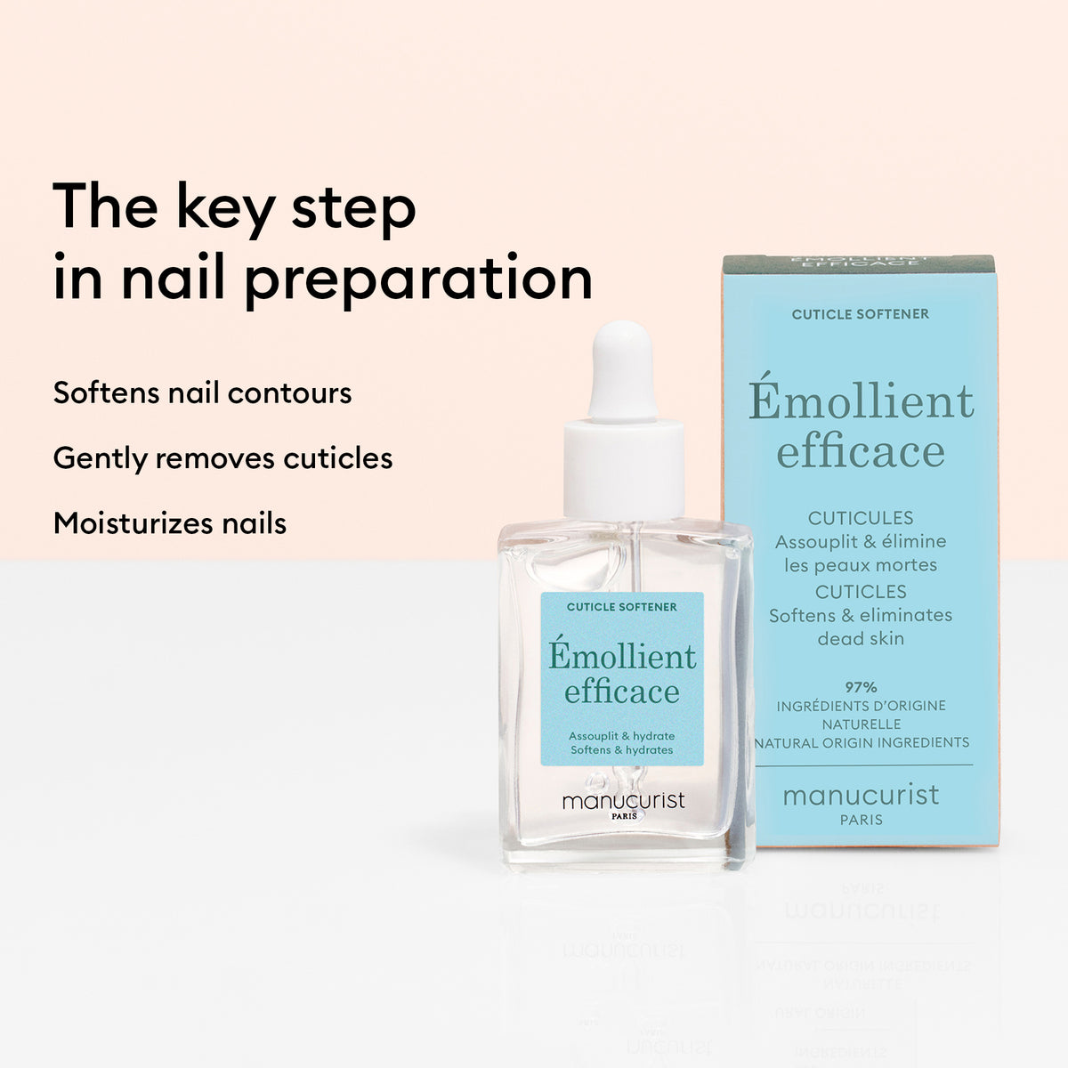 Un flacon et sa boîte du Ultimate Nail Prep Set de Manucurist sur une surface claire, avec un texte mettant en avant ses bienfaits pour adoucir les contours des ongles, retirer les cuticules et hydrater les ongles — un indispensable pour une préparation parfaite des ongles.