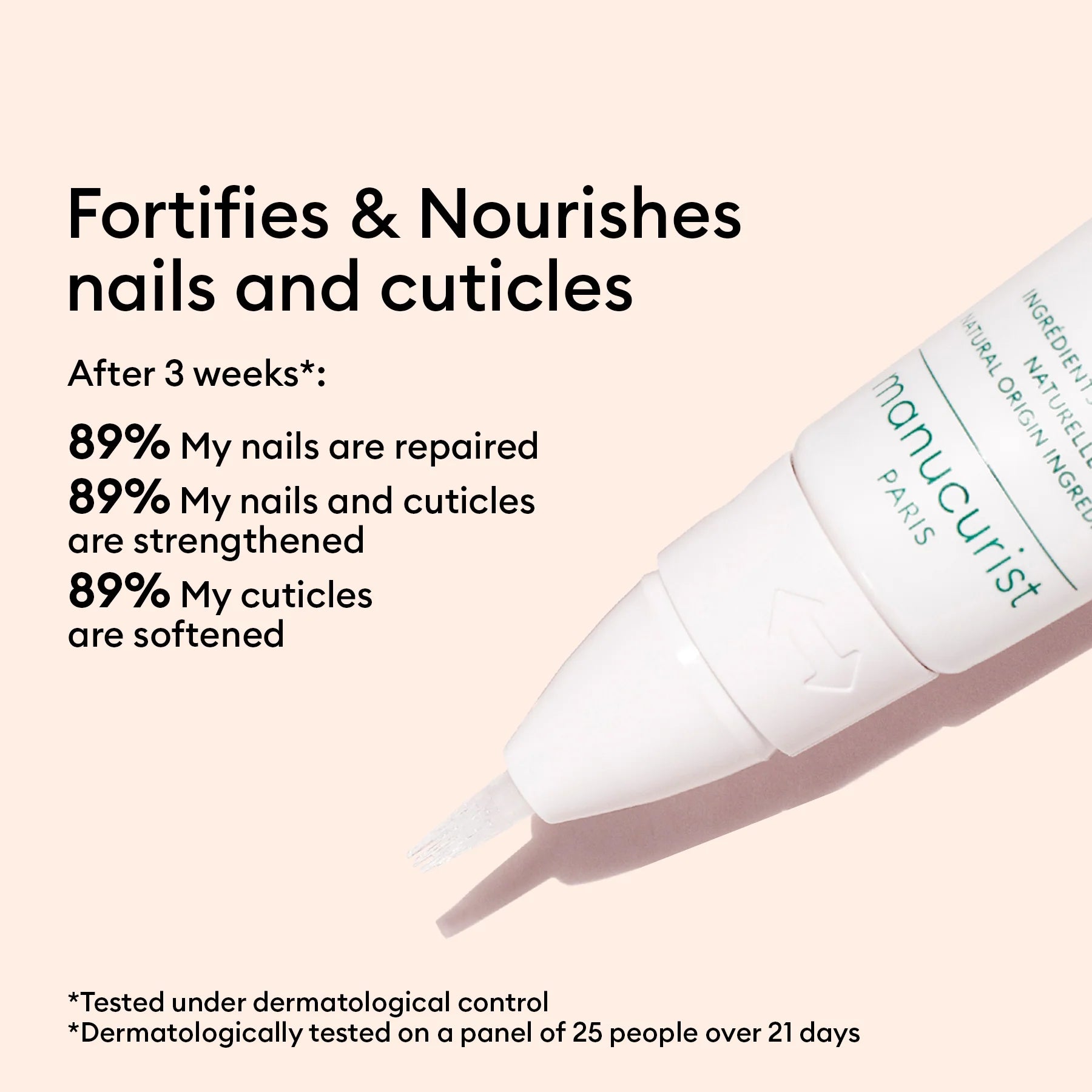 A white Manucurist Ultimate Routine - Damaged Nails pen on a beige background, with bold text: fortifies and strengthens damaged nails and cuticles, softens, and is clinically proven effective after 3 weeks.