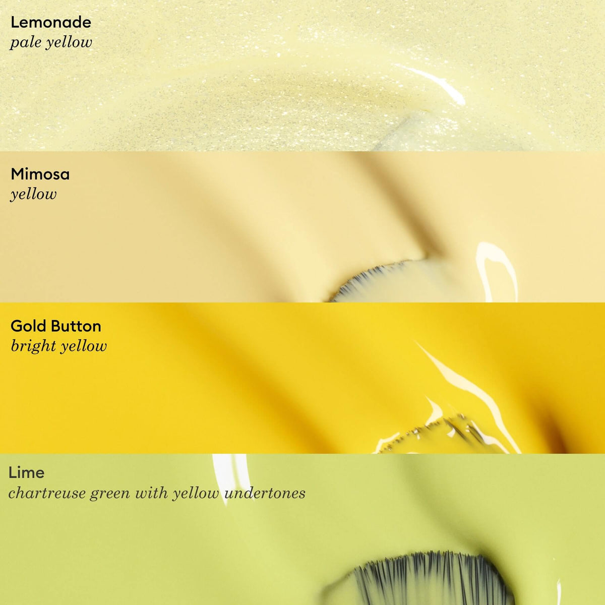 Quatre swatches horizontaux de vernis à ongles Manucurist : jaune pâle (Lemonade), jaune (Mimosa), jaune vif (Gold Button) et vert chartreuse aux sous-tons jaunes (Lime), chacun légendé.
