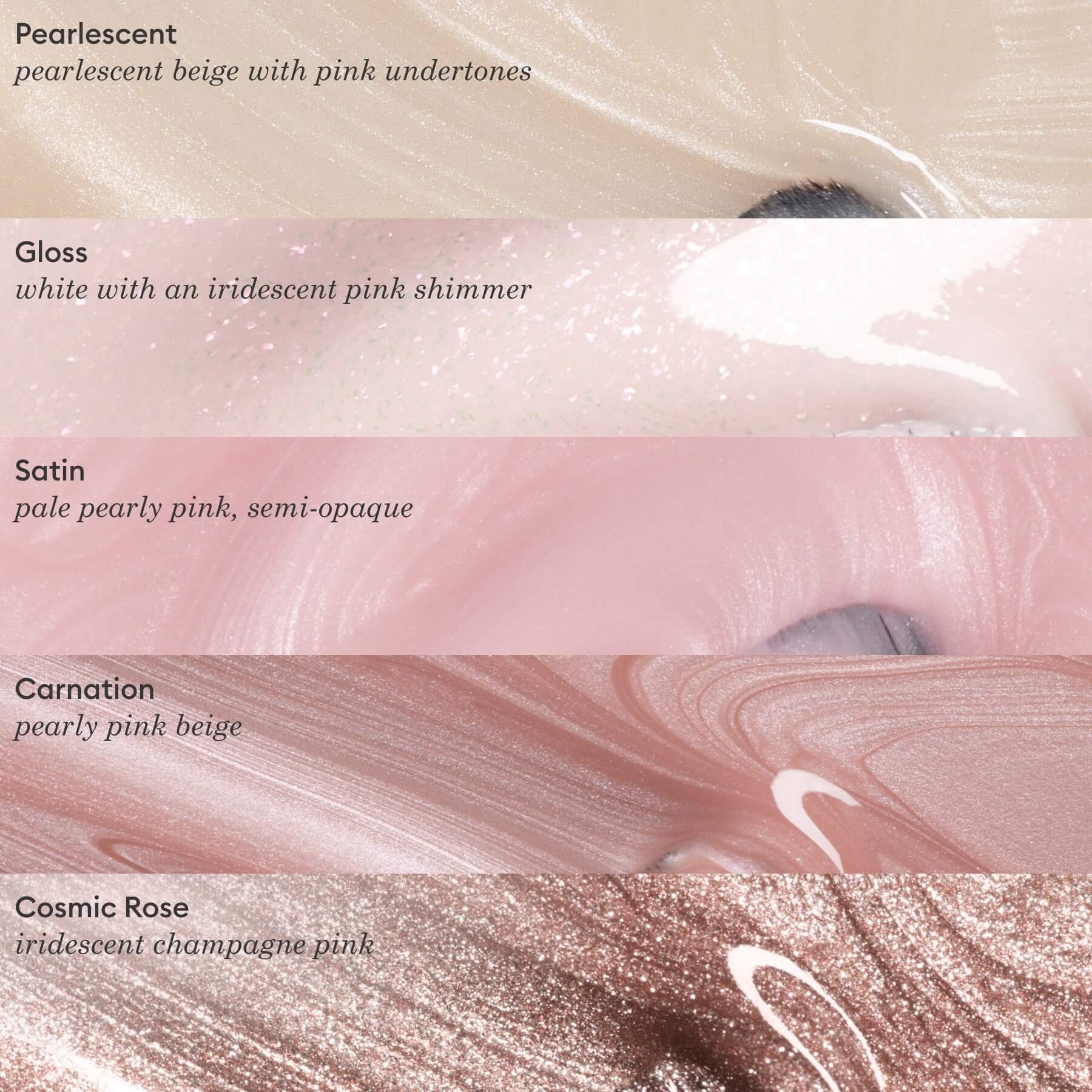 Five close-up swatches of Manucurist Pearlescent nail polish in luminous pink shades—Gloss, Satin, Carnation, and Cosmic Rose—showcase shimmery textures and subtle pink undertones for a radiant gel polish look.