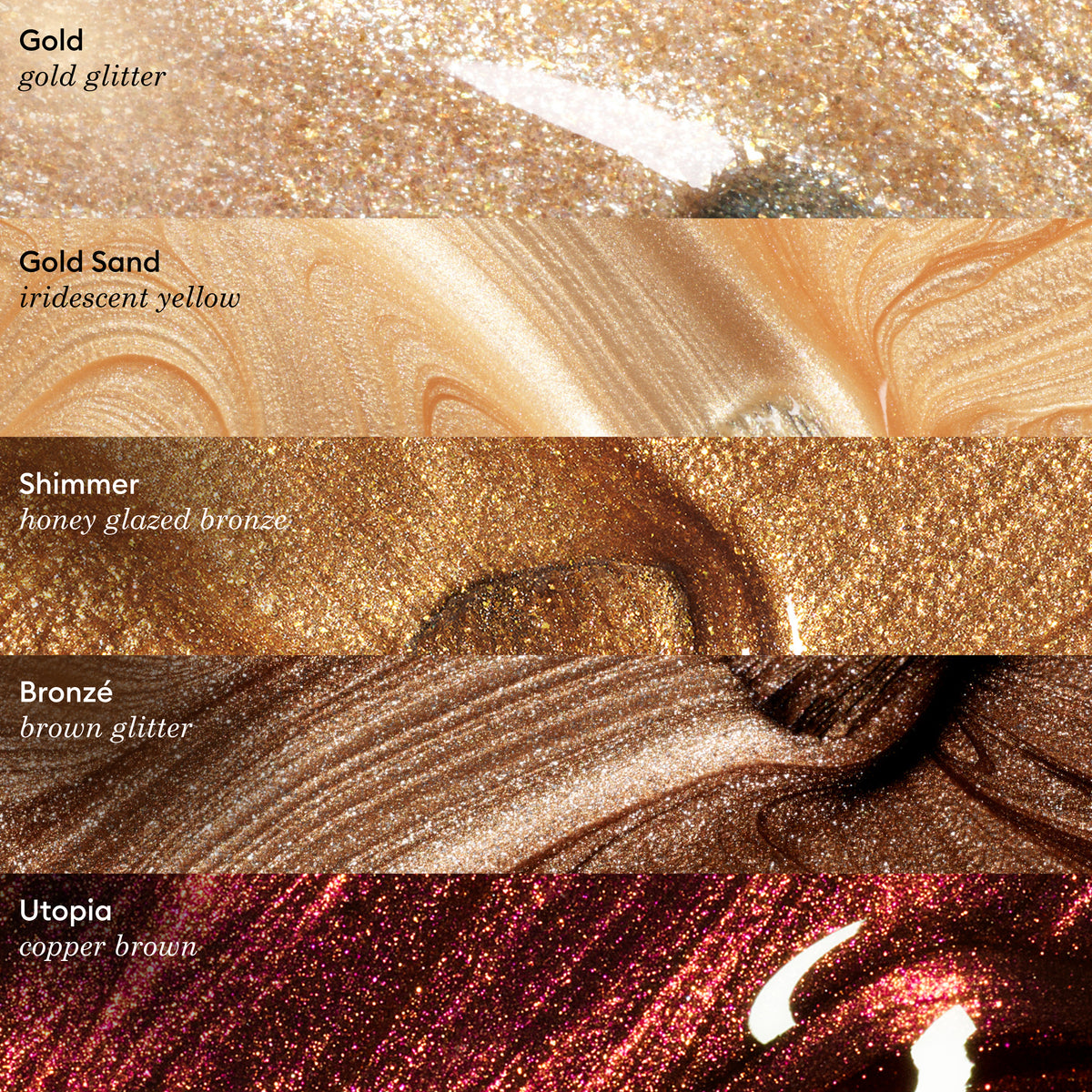 Five swatches of Manucurist’s Bronzé shimmer in gold, iridescent yellow, bronze, brown glitter, and copper brown. Each is labeled with its shade name and description, highlighting metallic and sparkling textures reminiscent of copper nail polish.