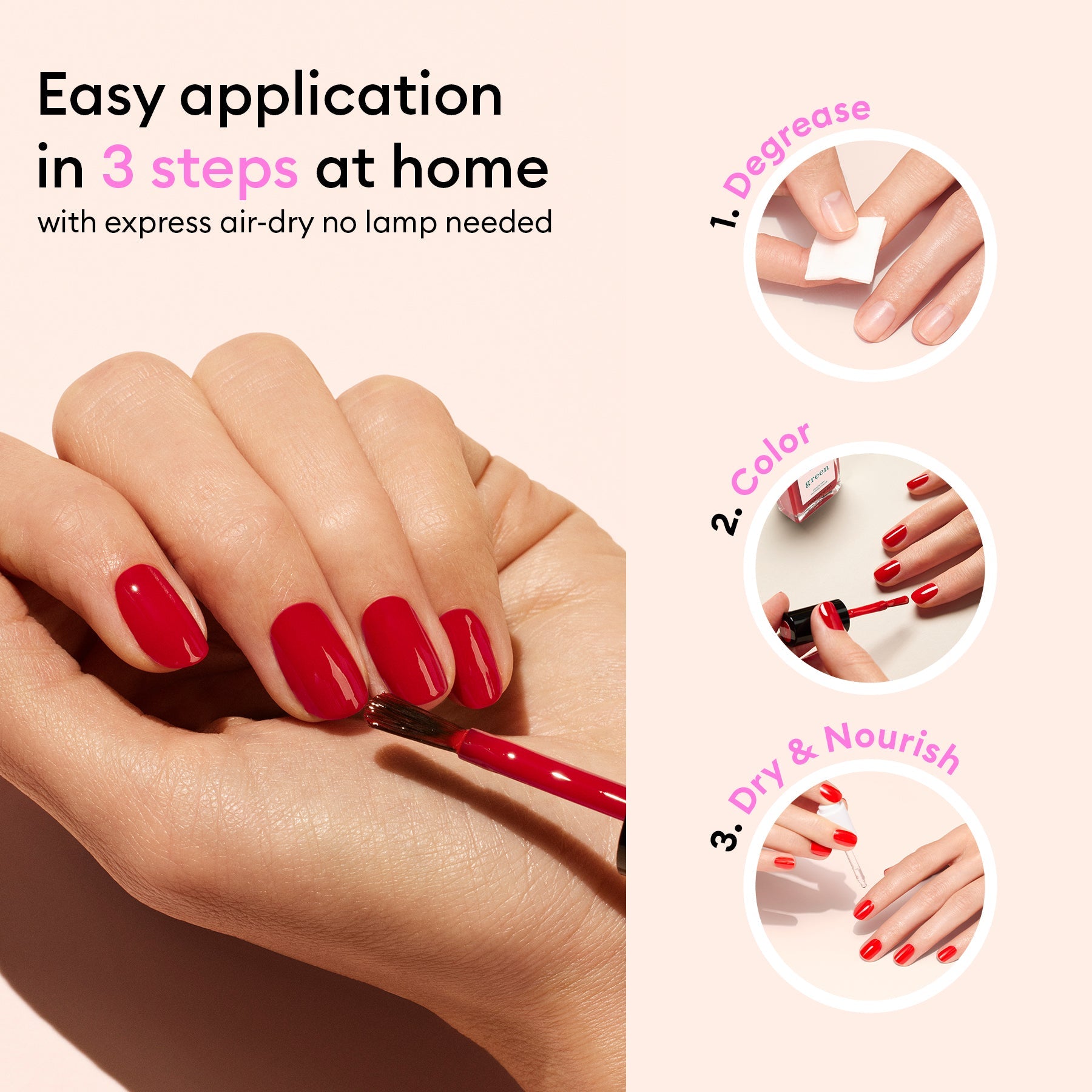 A hand applies Manucurist Lava, a pop red nail polish with warm orange undertones. For easy at-home use: degrease nails, apply Lava, let air-dry—no lamp needed. Get a salon-worthy finish and nourished nails in minutes.