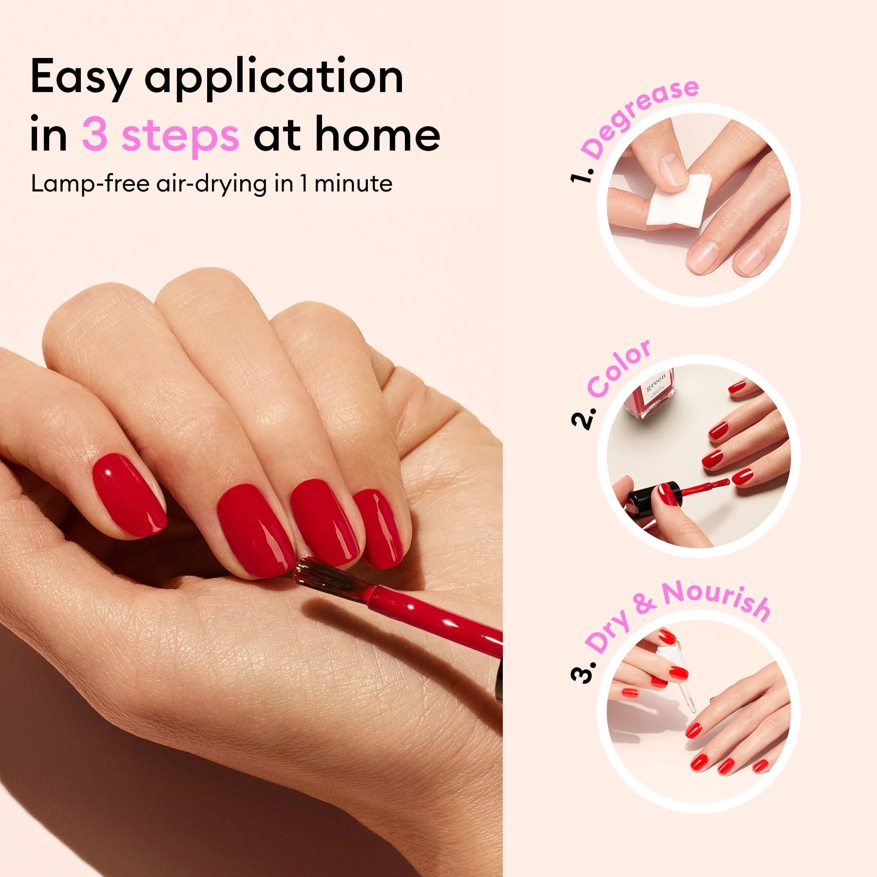 A hand with Manucurist Pink Paradise nail polish being applied. Steps: 1) Degrease nails, 2) Apply color, 3) Dry nourish. Easy application in 3 steps at home. Lamp-free air-drying in 1 minute. Green range formula.