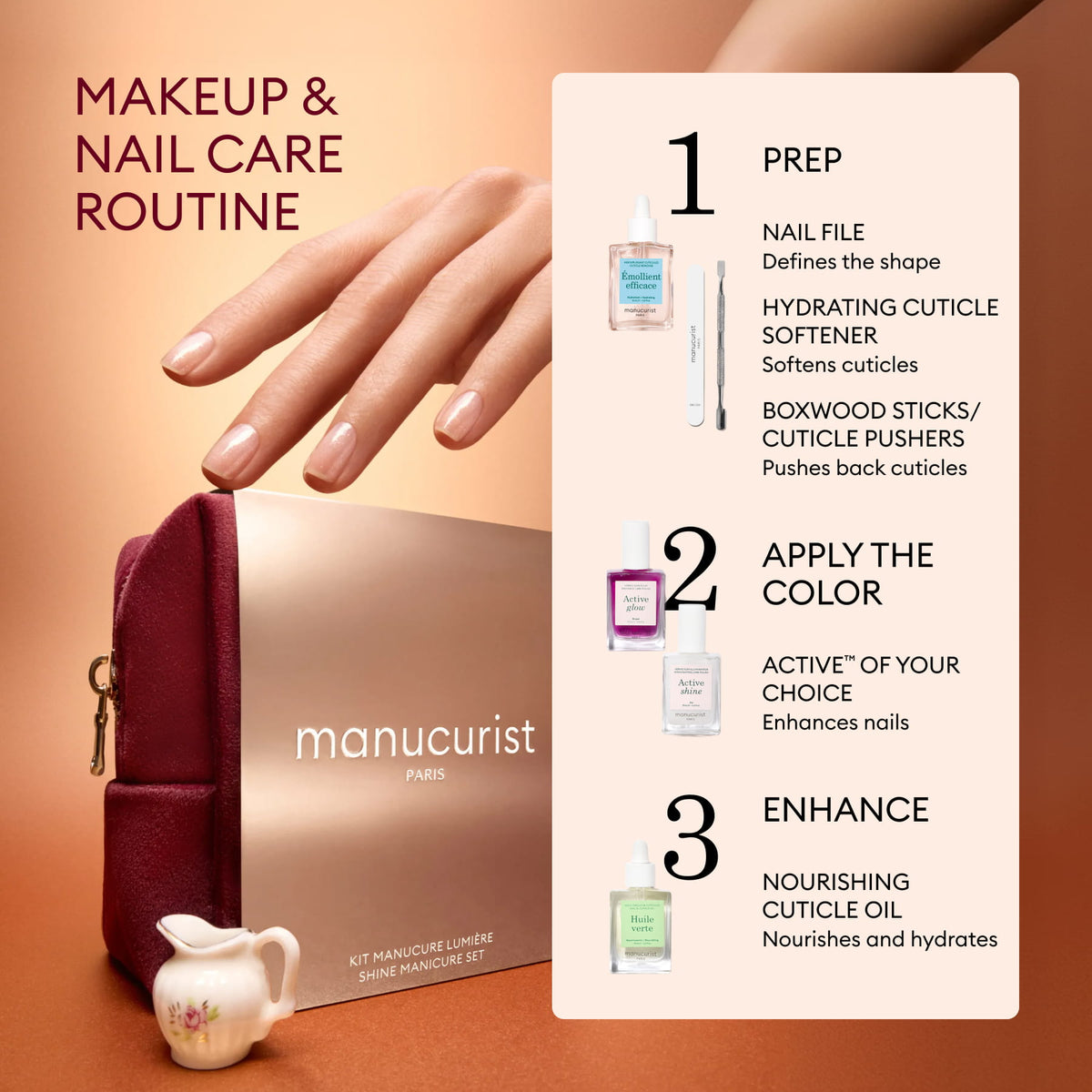 A hand with manicured nails is displayed above the Manucurist Active™ Travel-Size Duo, along with a cream jar and three nail care essentials. This chic gift set contains everything you need for your holiday nail polish routine. Text provides step-by-step instructions for prepping, applying color, and enhancing your nails, ensuring a complete manicure experience with Manucurist’s Active™ Travel-Size Duo.