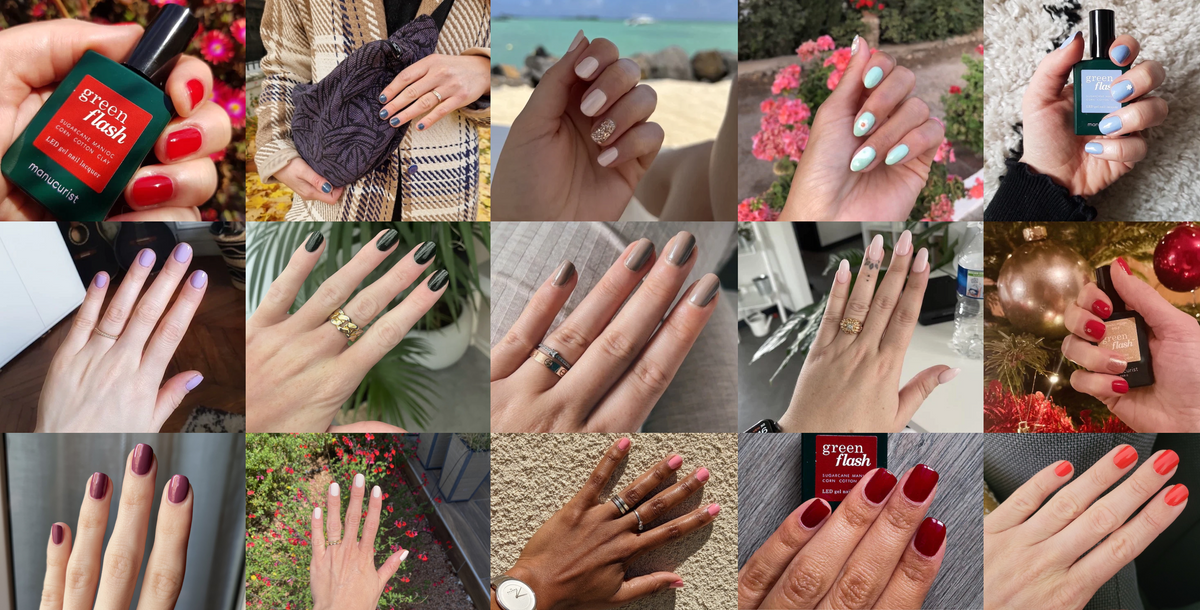 Un collage de 16 images montrant des mains avec différentes couleurs de vernis à ongles et du nail art, notamment des teintes rouges, roses, vertes, bleues et neutres, certaines mains tenant des flacons de vernis à ongles ou posant en extérieur.