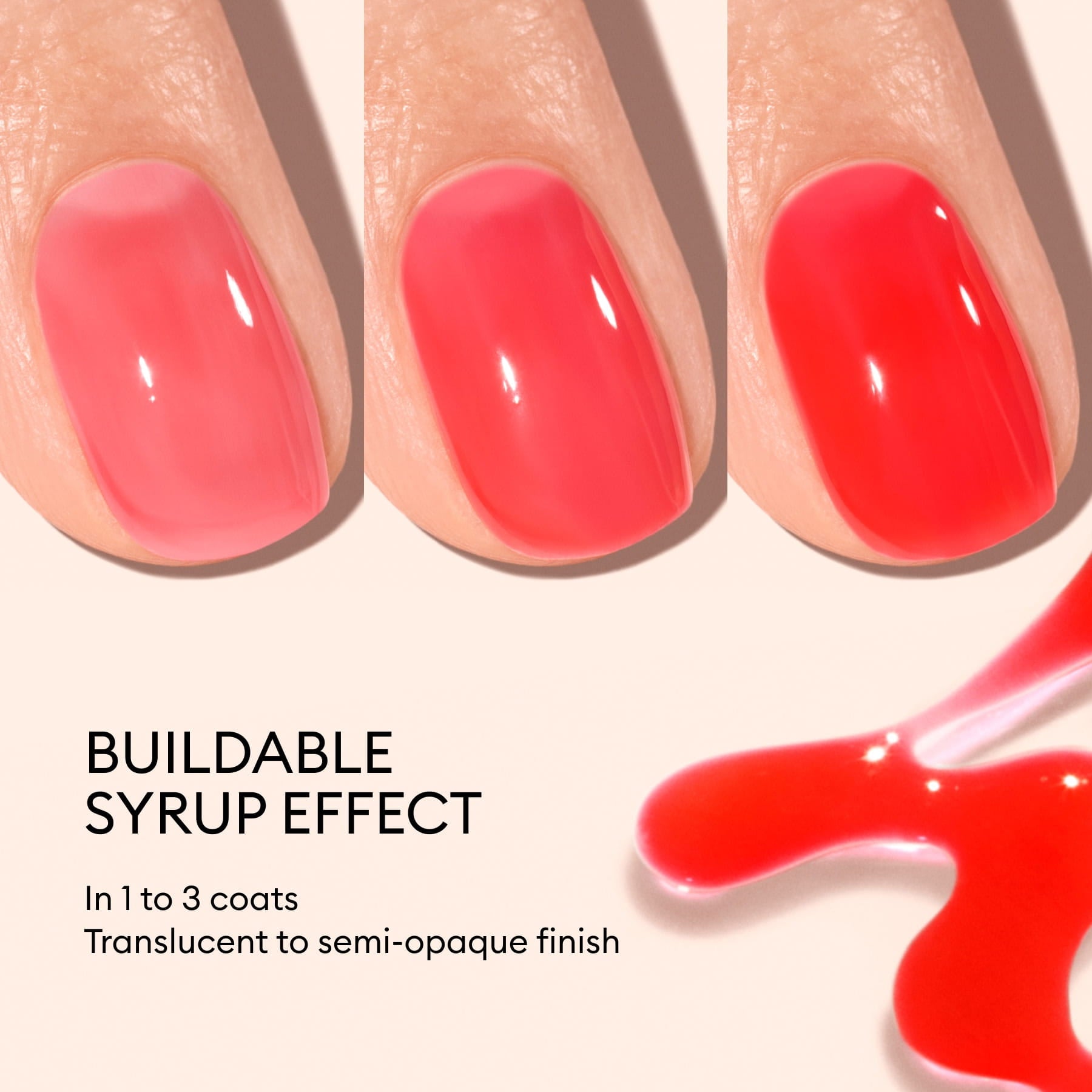 Three fingernails display Manucurist Twizzle, a red jelly polish with a buildable syrup effect from sheer to semi-opaque in 1–3 coats. A red spill is nearby. Text: BUILDABLE SYRUP EFFECT. In 1 to 3 coats. Translucent to semi-opaque finish.