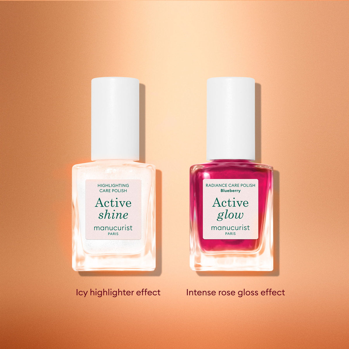 Deux flacons du duo format voyage Active™ de Manucurist sont présentés sur un fond pêche : à gauche, le blanc « Active Shine » ; à droite, le rose « Active Glow ». Les légendes indiquent « Effet enlumineur glacé » et « Effet gloss rose intense ». Ce coffret est parfait à offrir pour les fêtes ou à intégrer à sa routine de soin des ongles.
