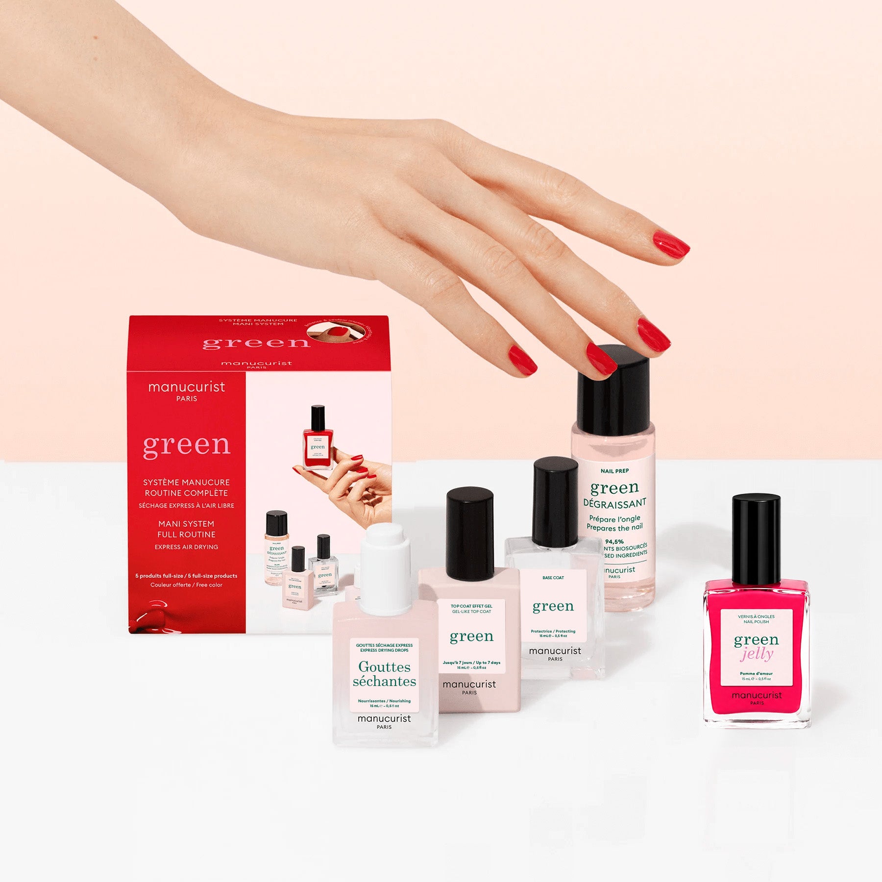 A hand with red-painted nails reaches for the Manucurist Discovery Kit - Jelly Nail Polish, featuring plant-based nail polish and care items in a red box, all displayed on a white surface with a light pink background.
