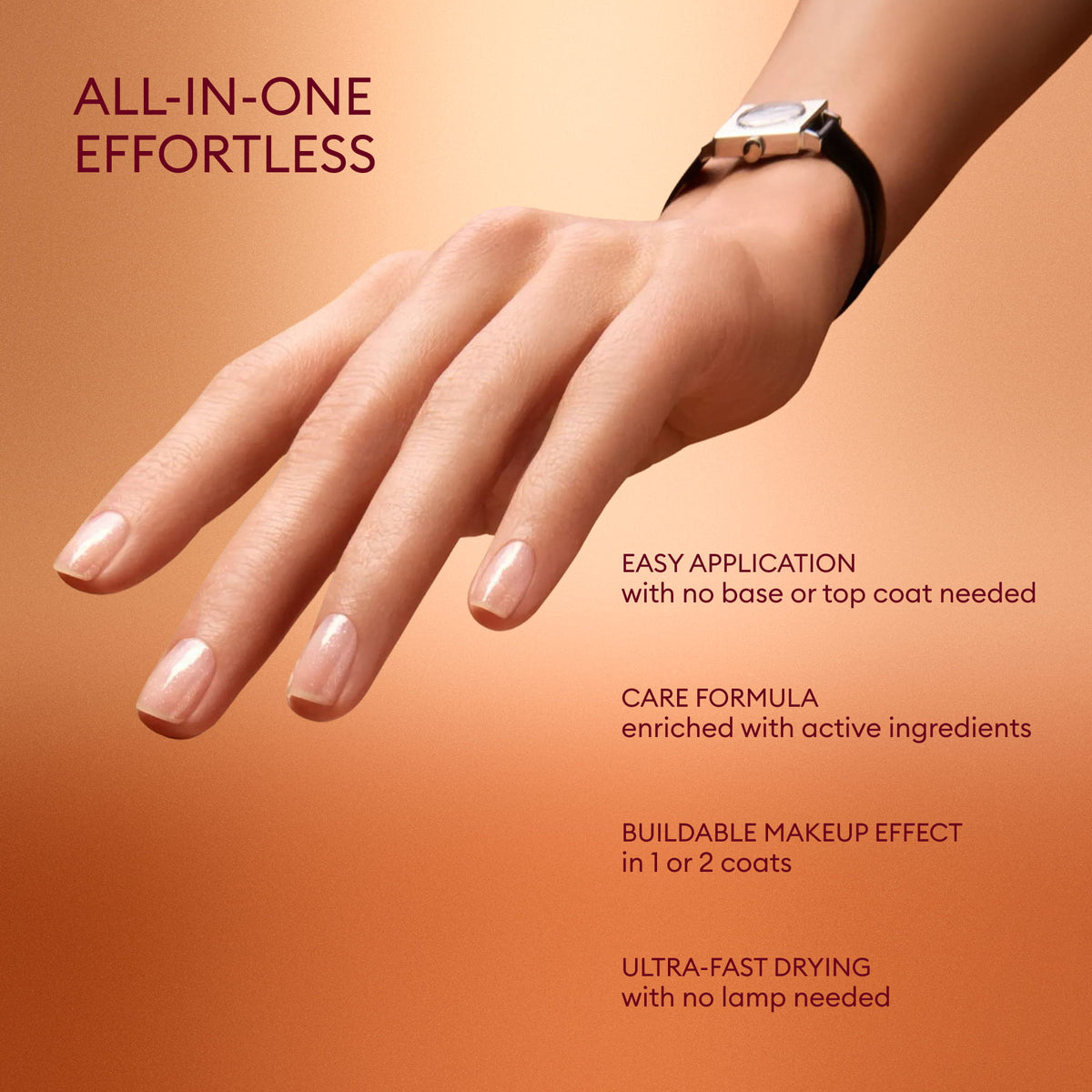 A manicured hand with light pink nails on a peach background highlights Manucurist’s Active™ Travel-Size Duo, accompanied by text describing its benefits: easy application, nail care formula, buildable makeup effect, and ultra-fast drying.