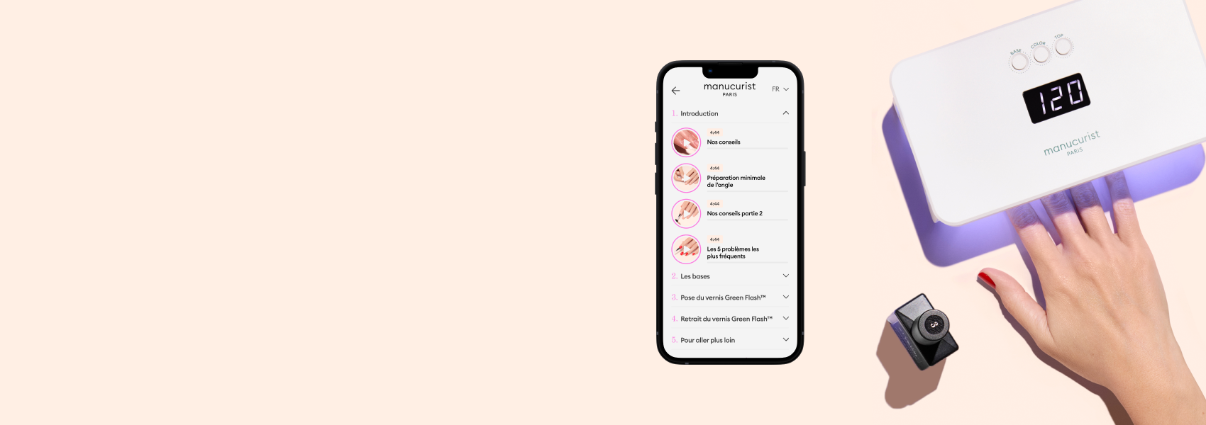 A hand presses a white device displaying 12:01 next to a green egg labeled K4VN, a camera, and a smartphone showing an app with mouth exercise instructions on a pale background.