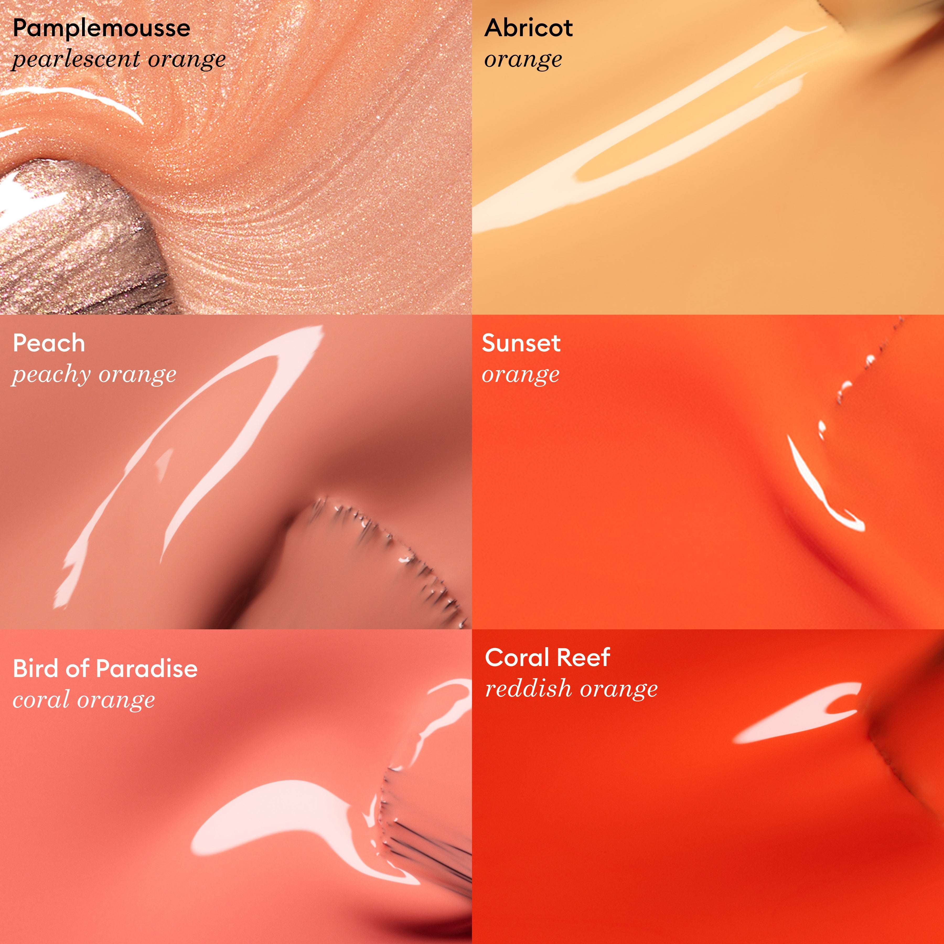 Six close-up swatches of glossy Manucurist gel polish in orange shades, labeled: Pampelmousse (pearlescent), Abricot, Peach, Sunset, Bird of Paradise (coral), and Coral Reef (orange-red).
