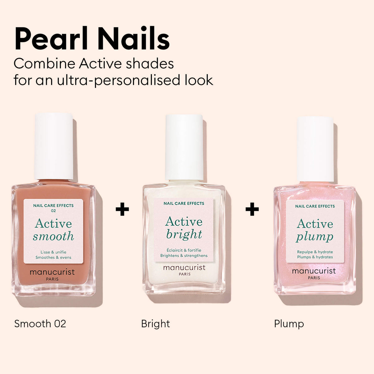 Trois flacons de vernis Active™ Smooth 02 de Manucurist sont présentés sur un fond beige, accompagnés d&