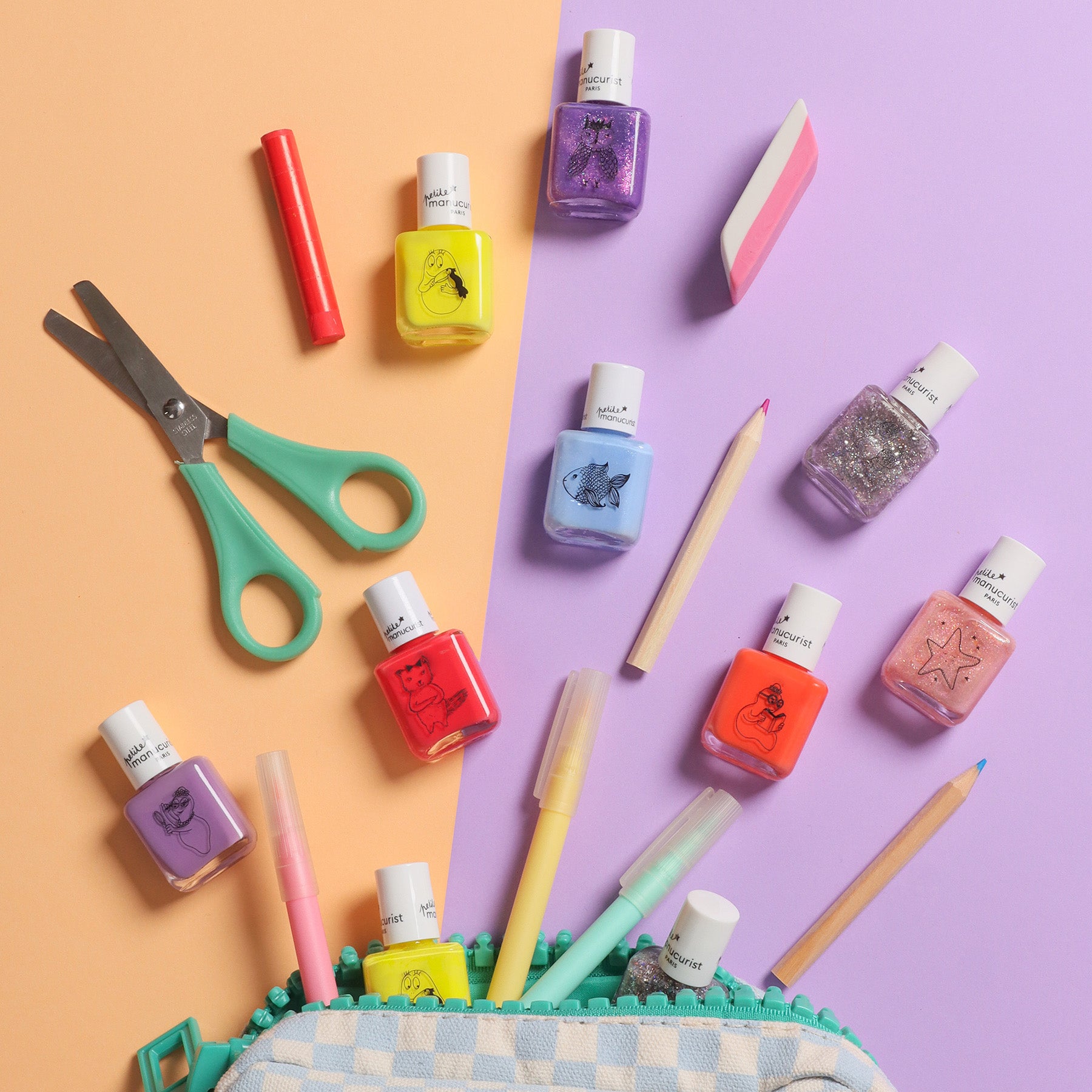 Nail polish bottles with colorful labels, markers, a pink pencil, an eraser, and mint-green scissors are arranged on peach and lavender backgrounds, next to a blue-checked pencil case.